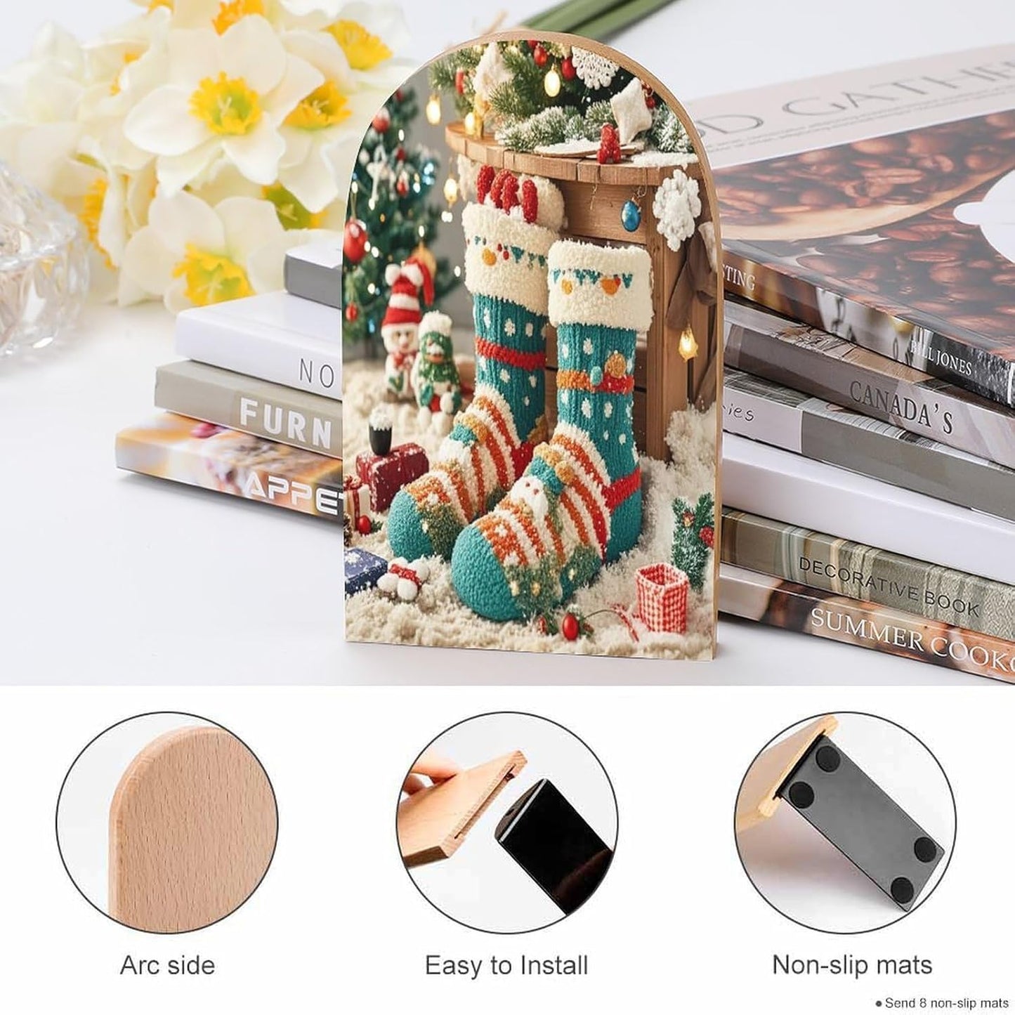Cute Christmas Socks Bookends 1 Pair Heavy Duty Book Ends for Shelves Non-Skid Bookend Supports Wooden Book Holders with Metal Base Desk Organizers Books Storage to Hold Books