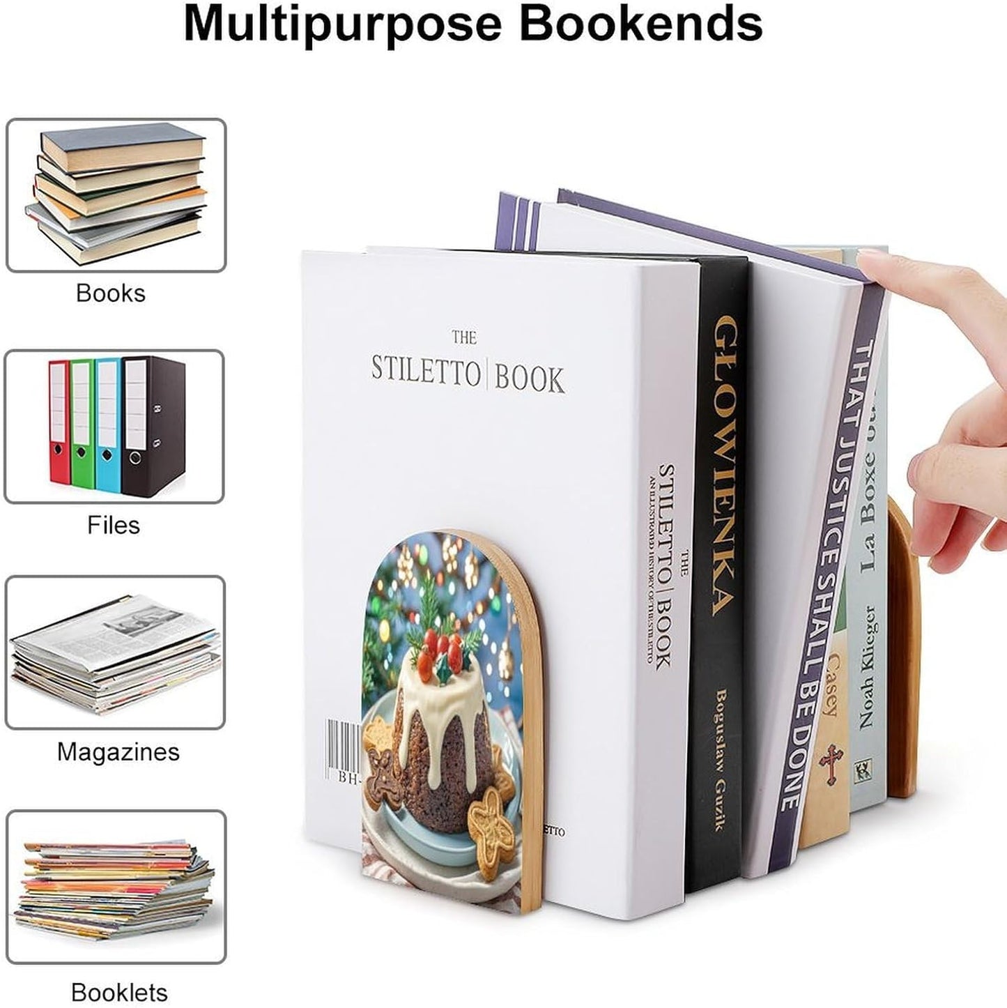 Christmas Pudding Bookends 1 Pair Heavy Duty Book Ends for Shelves Non-Skid Bookend Supports Wooden Book Holders with Metal Base Desk Organizers Books Storage to Hold Books