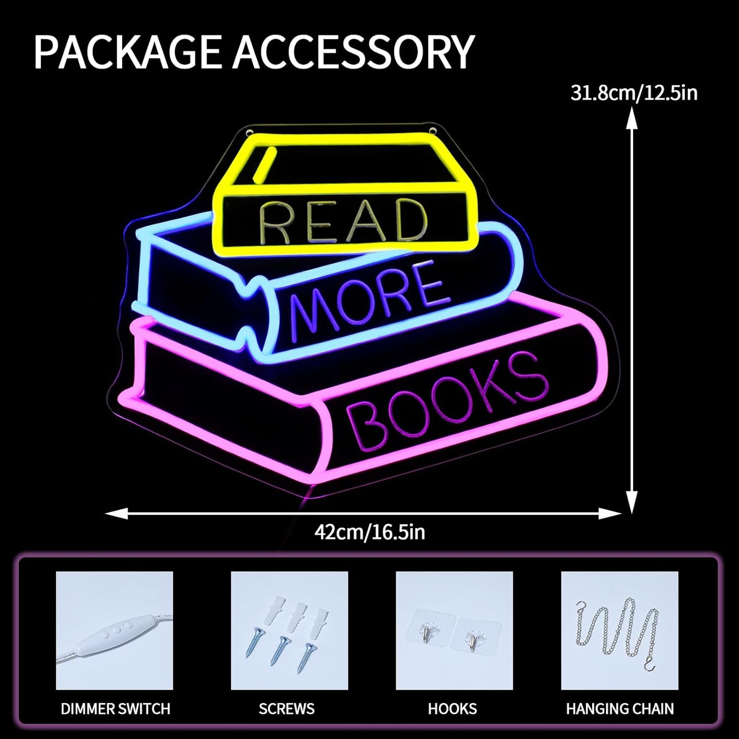 Read More Books Neon Sign for Wall Decor Dimmable Books Led Neon Lights Signs Book Lovers LED Signs for Bedroom Classroom Bookstore Library Club Reading Room Decoration Gifts for Readers