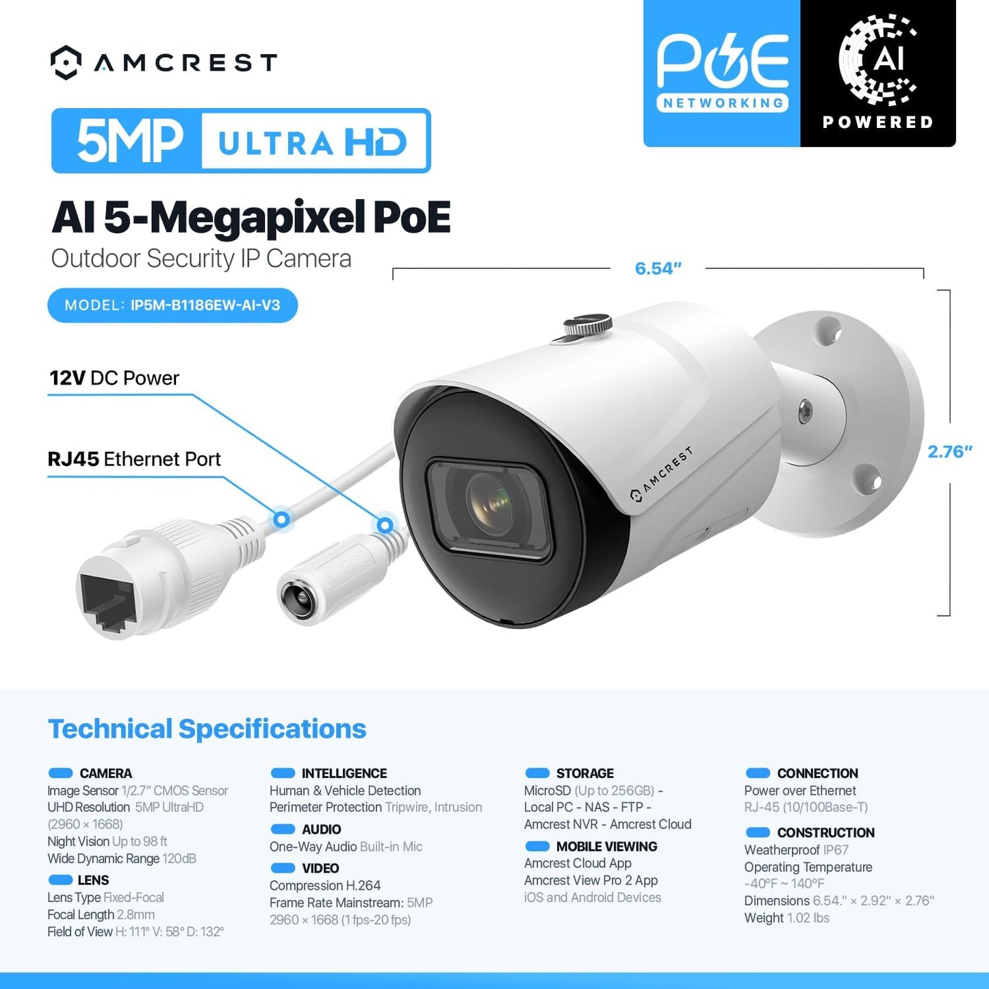 Amcrest 5MP Outdoor POE Camera 2592 x 1944p Bullet IP Security Camera, IP67, 132° Viewing Angle, Human & Vehicle Detection, Tripwire & Intrusion, 5-Megapixel, IP5M-B1186EW-AI-V3 (White)