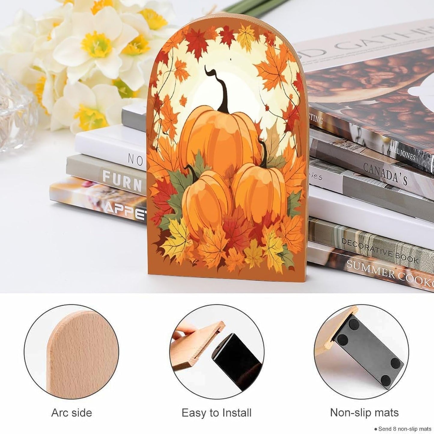Autumn Pumpkin Maple Leaves Bookends 1 Pair Heavy Duty Book Ends for Shelves Non-Skid Bookend Supports Wooden Book Holders with Metal Base Desk Organizers Books Storage to Hold Books