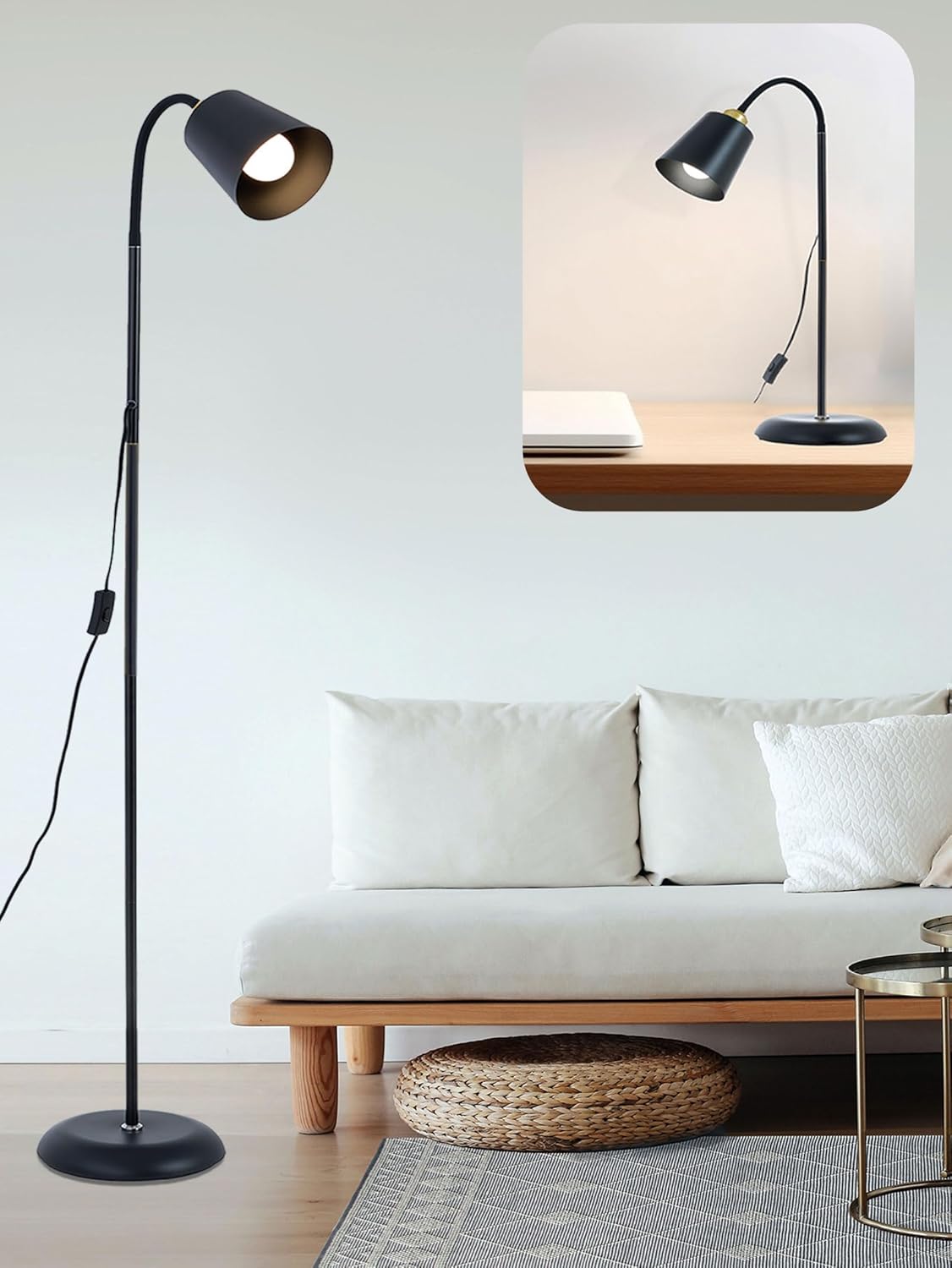 AoMck Floor Reading Lamp, Industrial Standing Lamps for Living Room with Adjustable Bendable, 2 in 1 Reading Table Lamps for Living Room Bedroom Office, 12W LED Bulb Included (Black Poles)