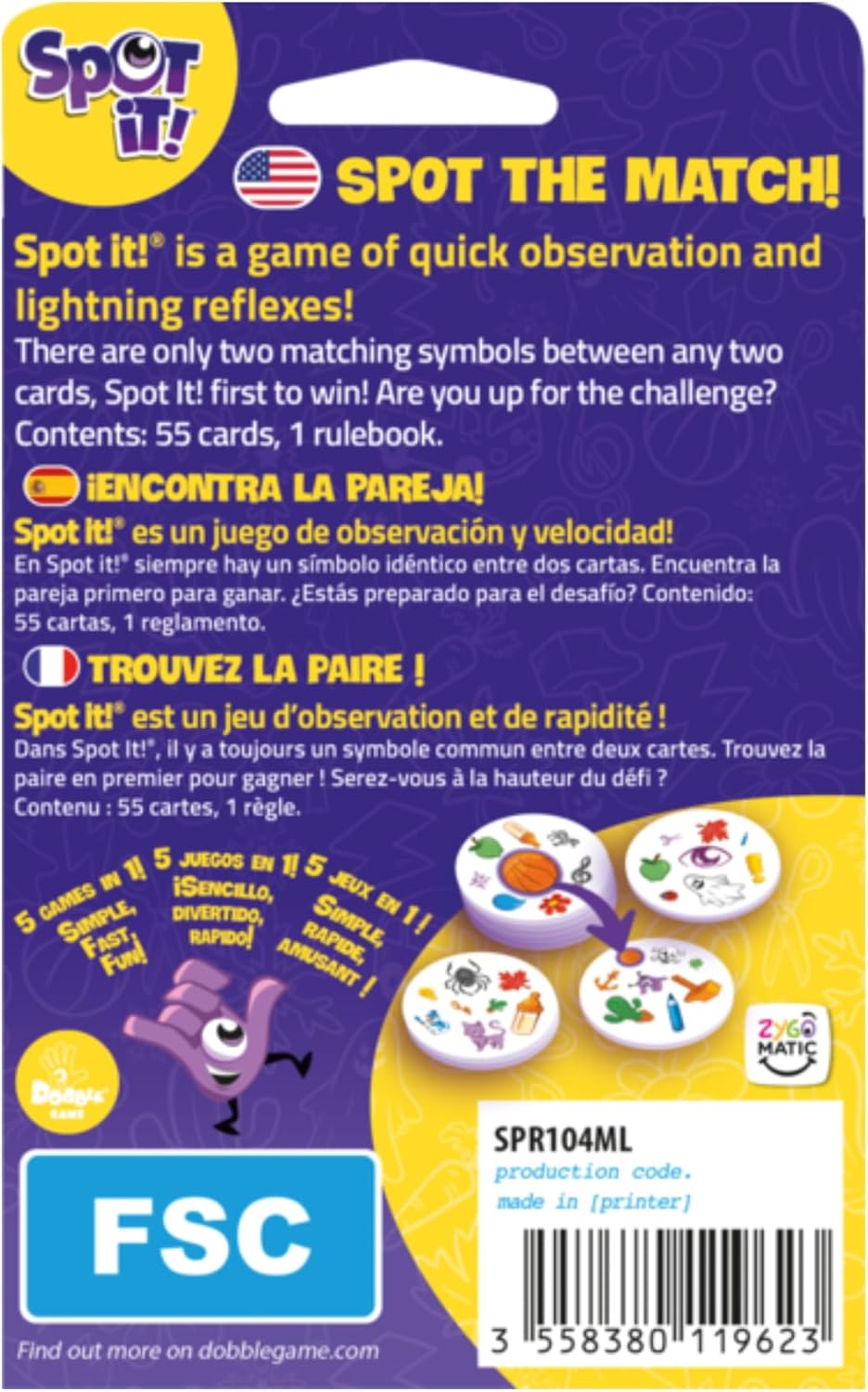 Asmodee Spot It! Classic Card Game (2024 Refresh) - Pocket Eco Edition, 5-in-1 Visual Perception Game for Quick Reflexes and Family Fun, Ages 6+, 2-8 Players, 10 Minute Playtime