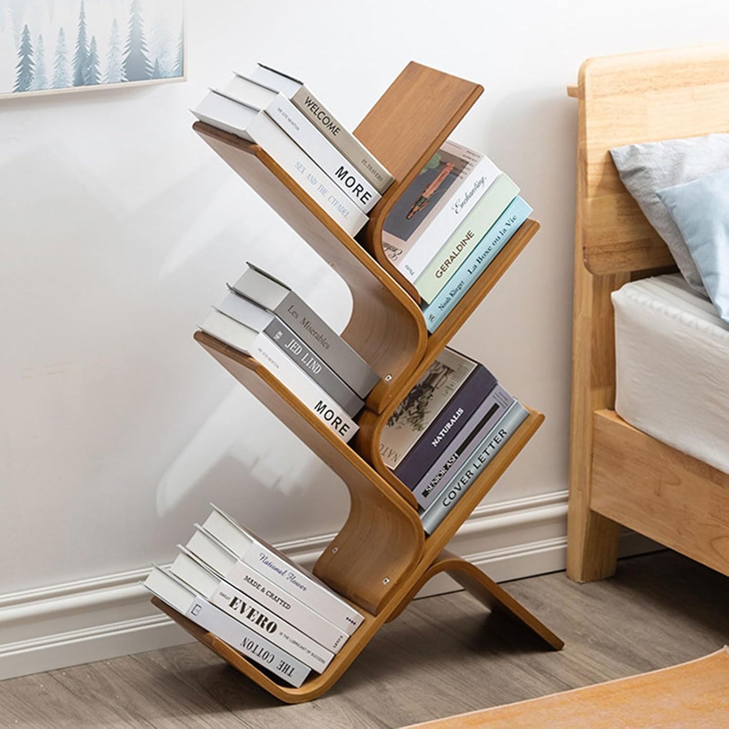 Floor Standing Bamboo Book Shelf, Modern Tall Tree Bookshelf, Small Corner Bookcase Narrow Bookshelves Organizer for Bedroom Living Room Home Office