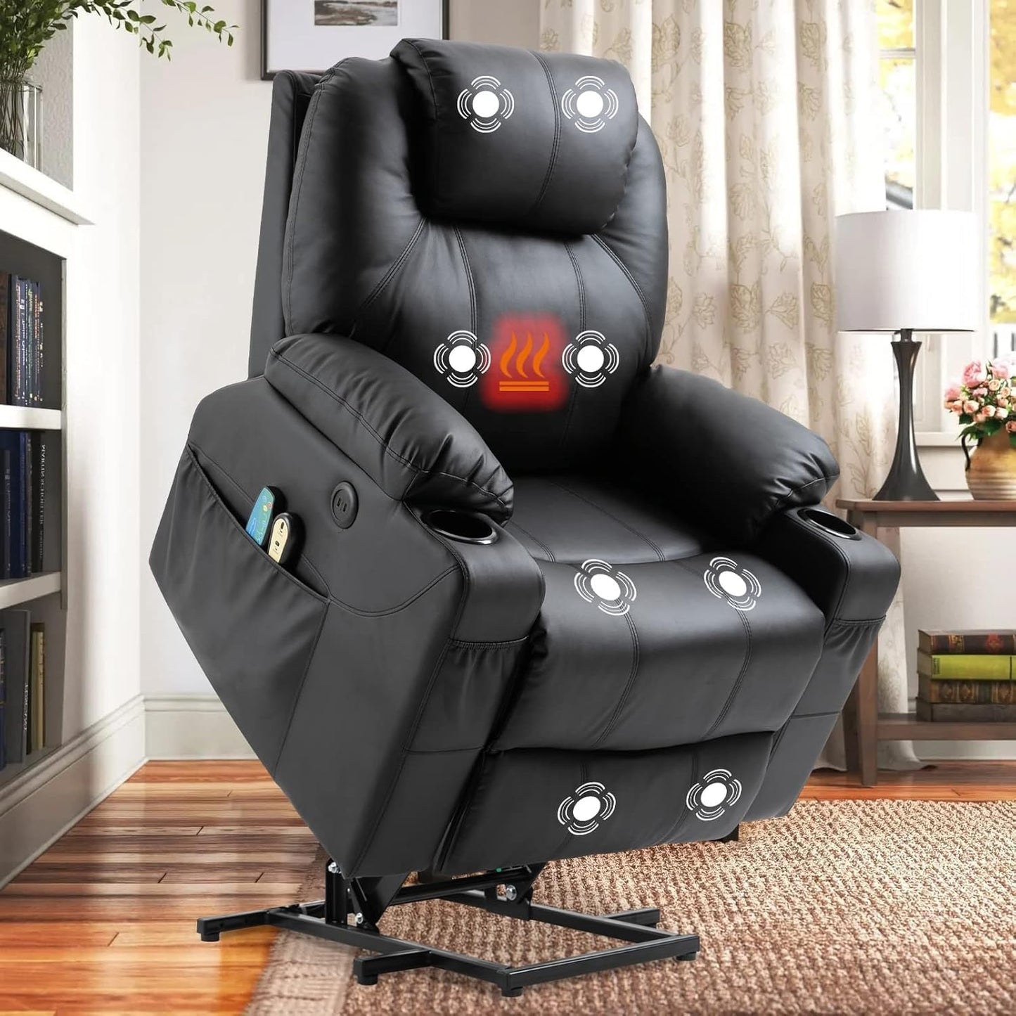 Power Lift Recliner Chair for Elderly, Adjustable Electric Recliner with Heat and Massage, Leather Power Recliner Chair with USB Ports, Cup Holders and Side Pockets