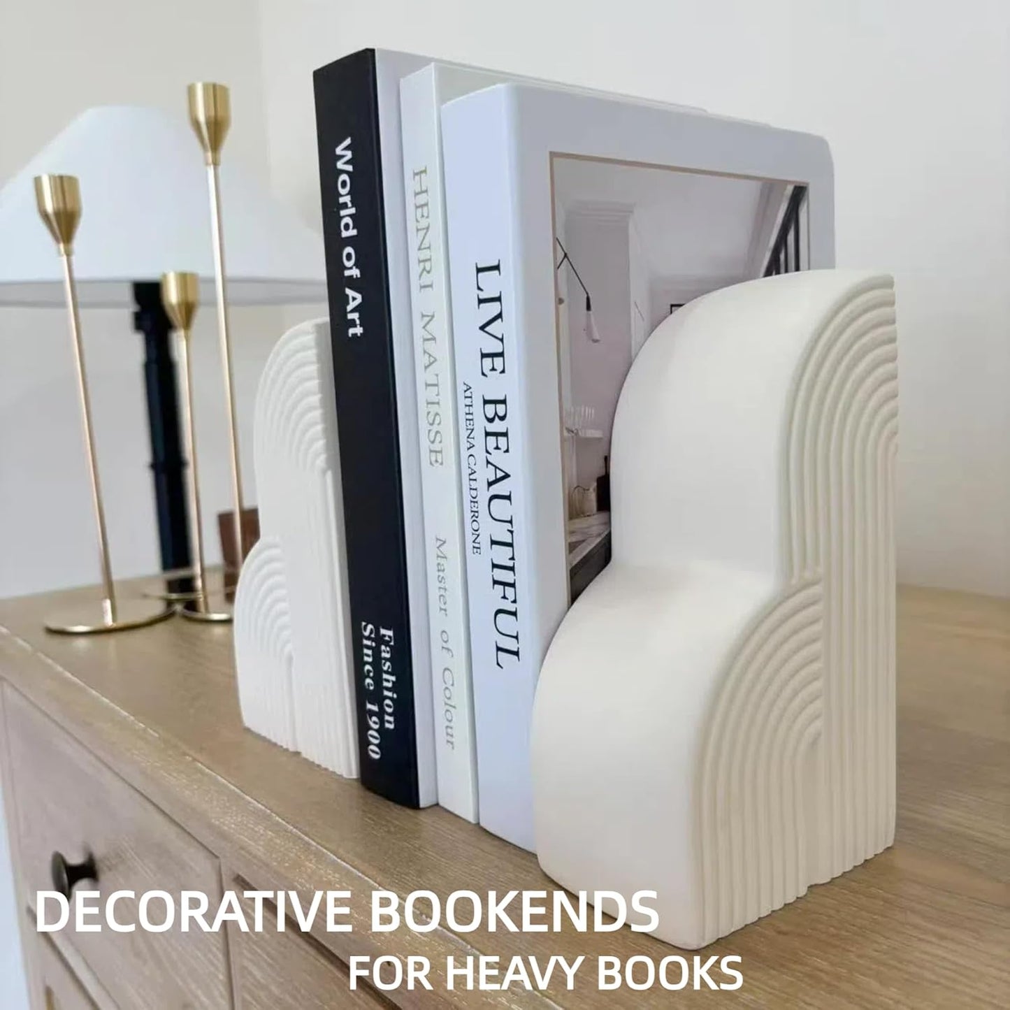 Concrete Bookends Decorative for Heavy Books - Aesthetic Boho Style Set of 2, White Decorative Bookends for Shelves, Office Boho Decor, Home Decor, or Library Decor (Cream White)