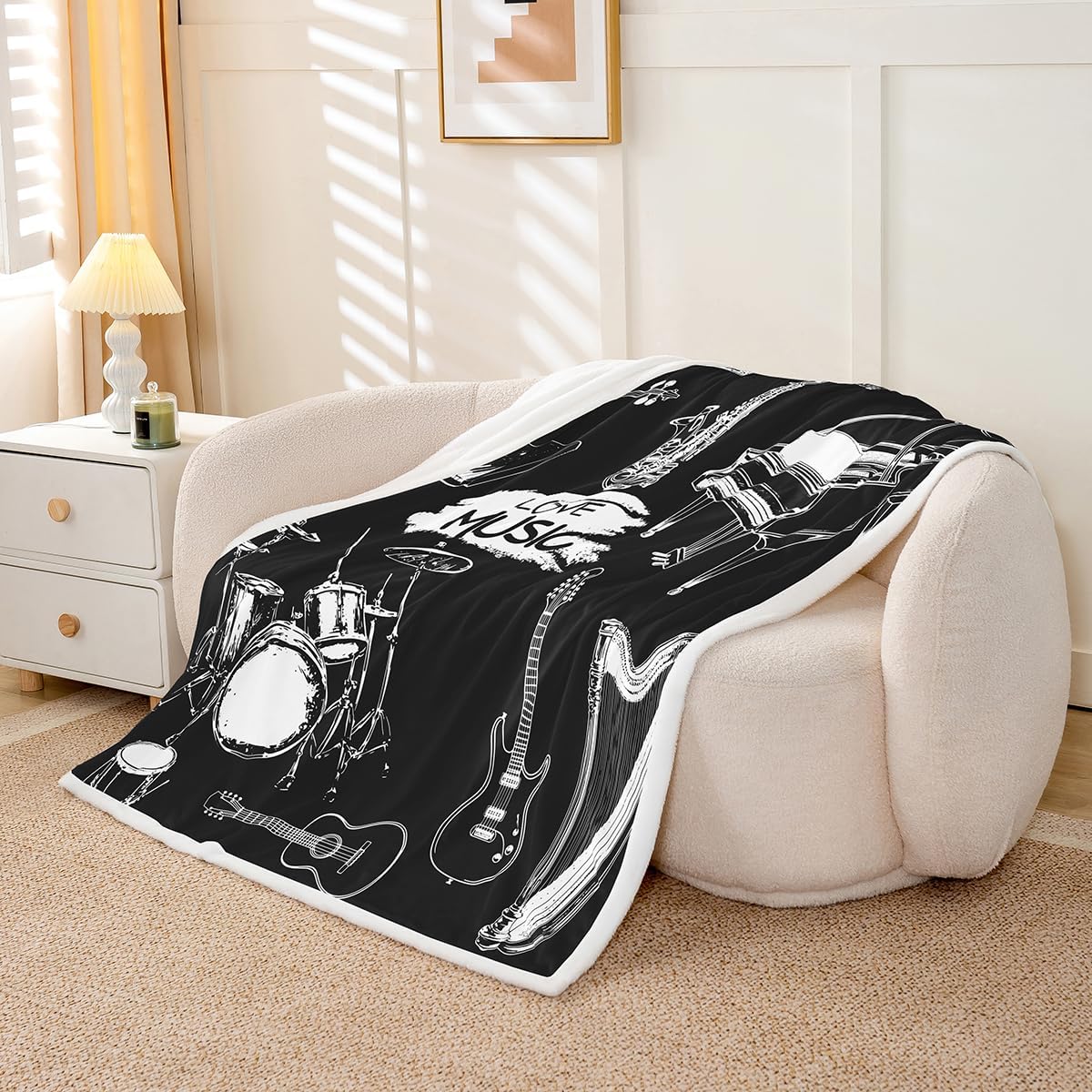 Feelyou Guitar Fleece Throw Blanket for Sofa Couch Drum Kit Piano Music Themed Sherpa Blanket Black White Musical Pattern Warm Plush Blanket Room Decor Instruments Print Fuzzy Blanket Throw 50"x60"