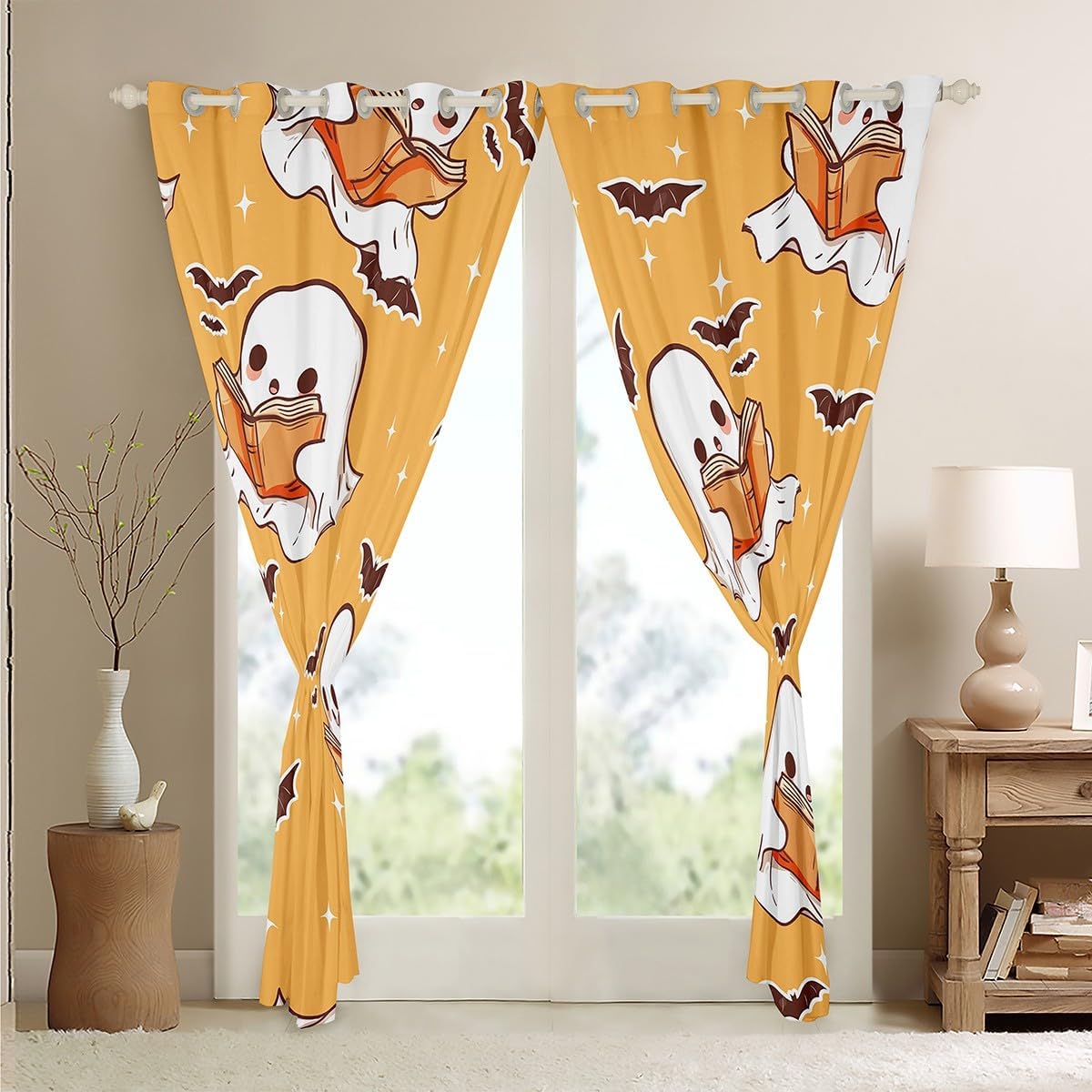 jejeloiu Halloween Cute Ghost Window Curtains for Bedroom Living Room Kawaii Ghost Reading Book Print Curtains Ghost Bats Window Treatments Halloween 30%-50% Blackout Curtains, 52W X 84L,2 Panels