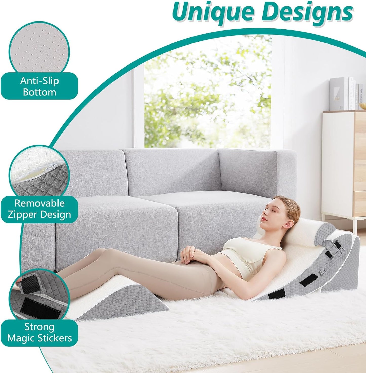 Orthopedic Bed Wedge Pillow Set for Sleeping 4 PCS - Adjustable Triangle Pillow for Neck Leg Support with Washable Cover - 35D Foam Wedge Pillow Post Surgery for GERD & Snoring (White Grey)