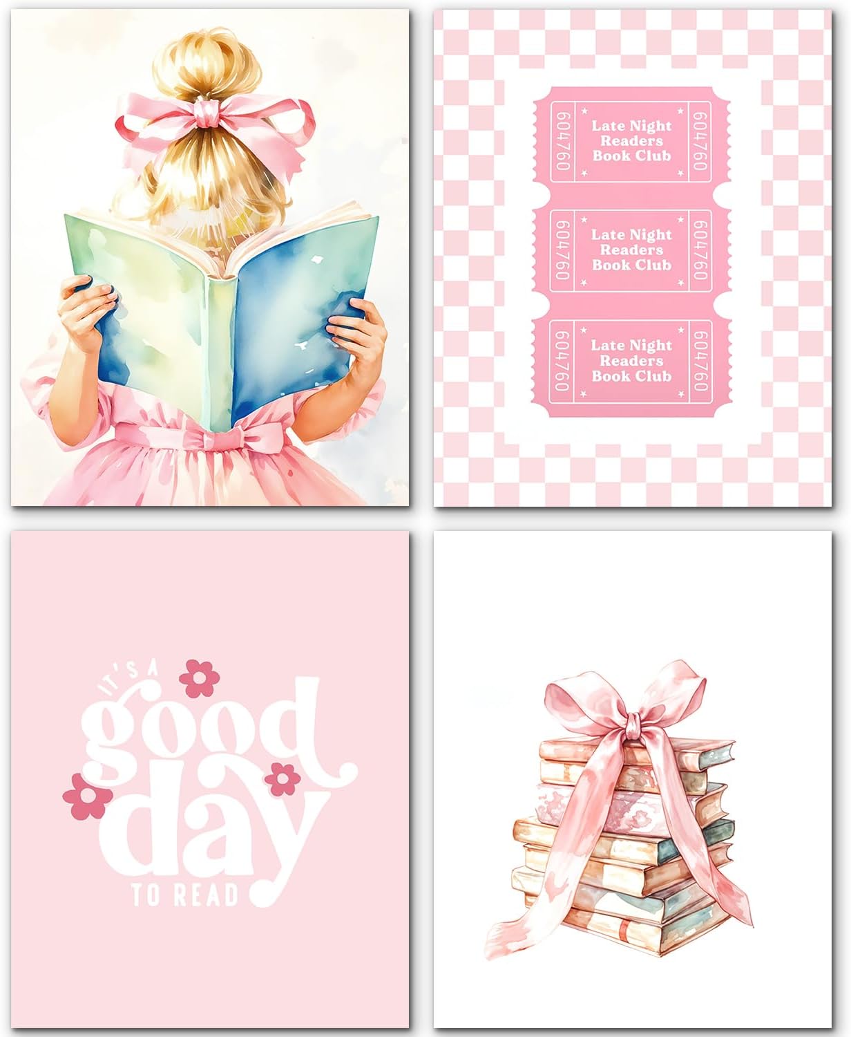 JINYO Coquette Pink Bow Book Wall Art Prints Set of 4, Reading Nook Corner Decor, Preppy Blonde Girl Book Ticket Wall Decor Posters Pictures for Library Reading Room Classroom, 8x10 Unframed