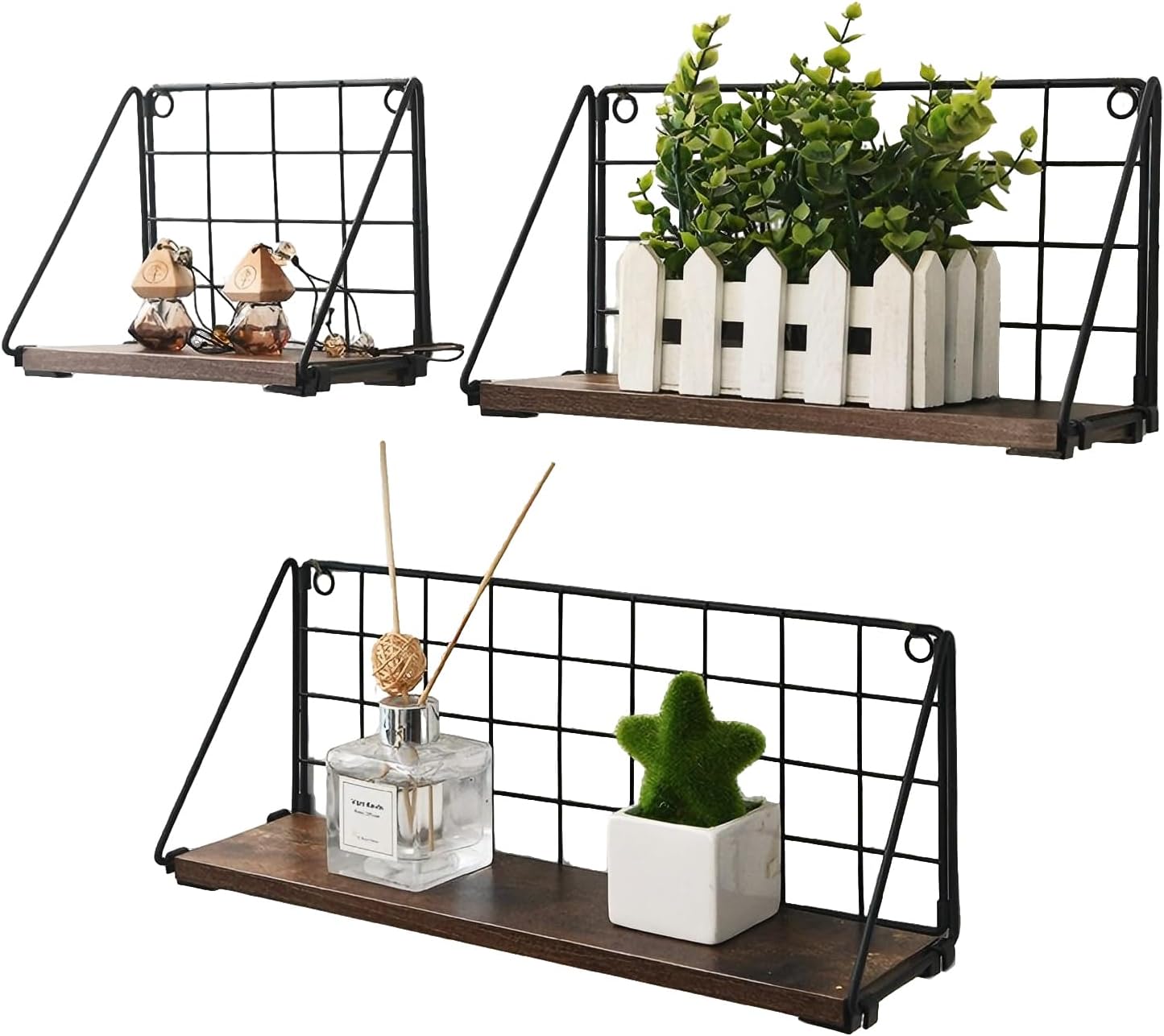 Floating Shelves Set of 3 - Rustic Wood Wall Mounted Shelves with Metal Wire Basket, Farmhouse Shelf for Bedroom, Living Room, Bathroom, Kitchen, Office, Display Storage (Brown)