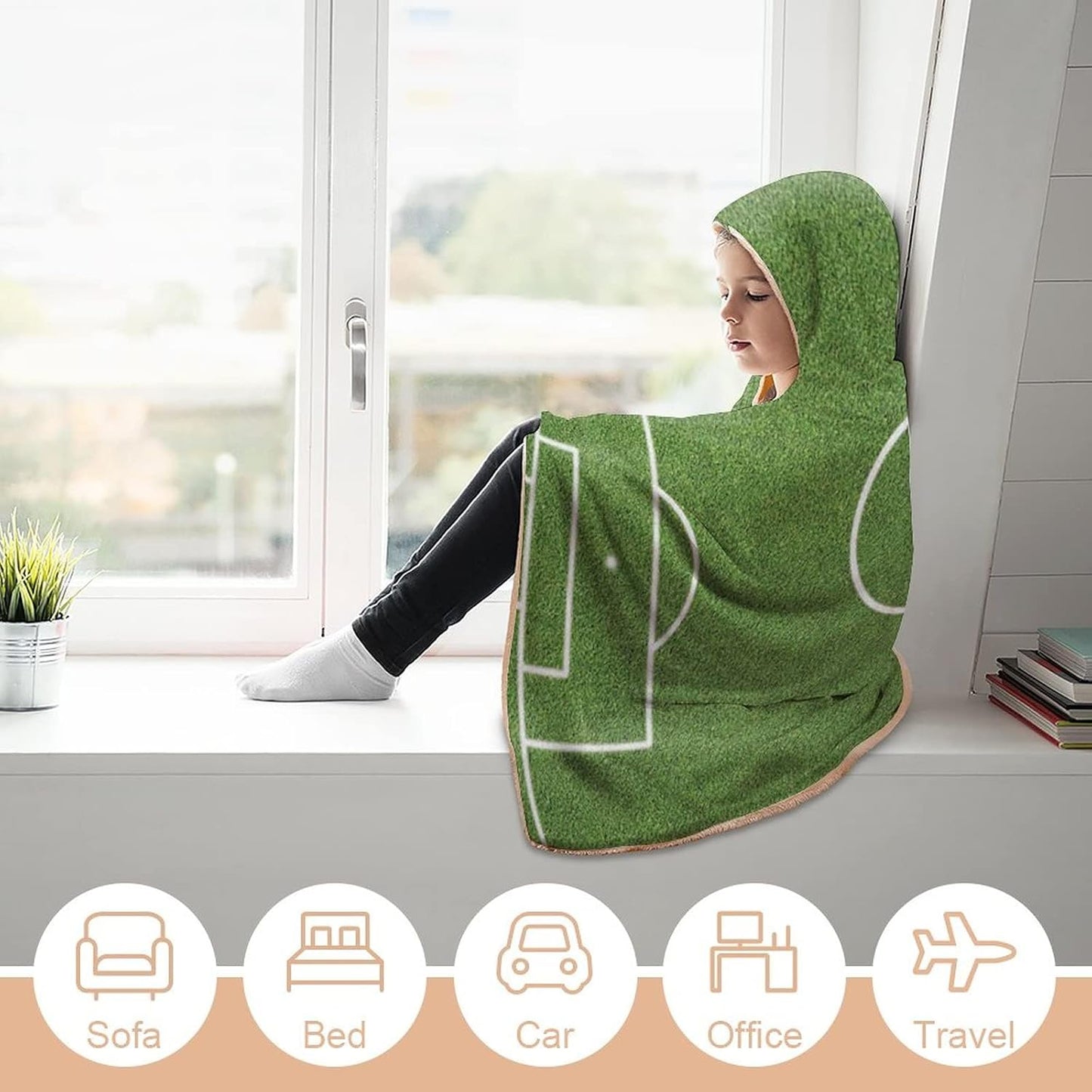 Throw Blankets, Teen Room Women Men Hooded Blanket, Soccer Field Grass Motif Stadium Sports Area, Soft Warm Cozy, 60 x 80inches, Studying Reading Snuggling Napping Office, Fern Green White