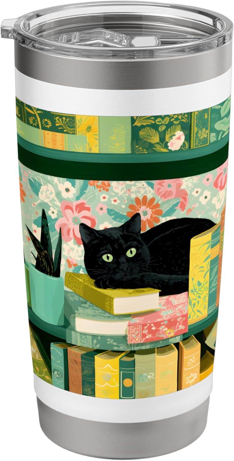 Lounging Cat on Vintage Bookshelf with Plant and Florals Stainless Steel Insulated Tumbler