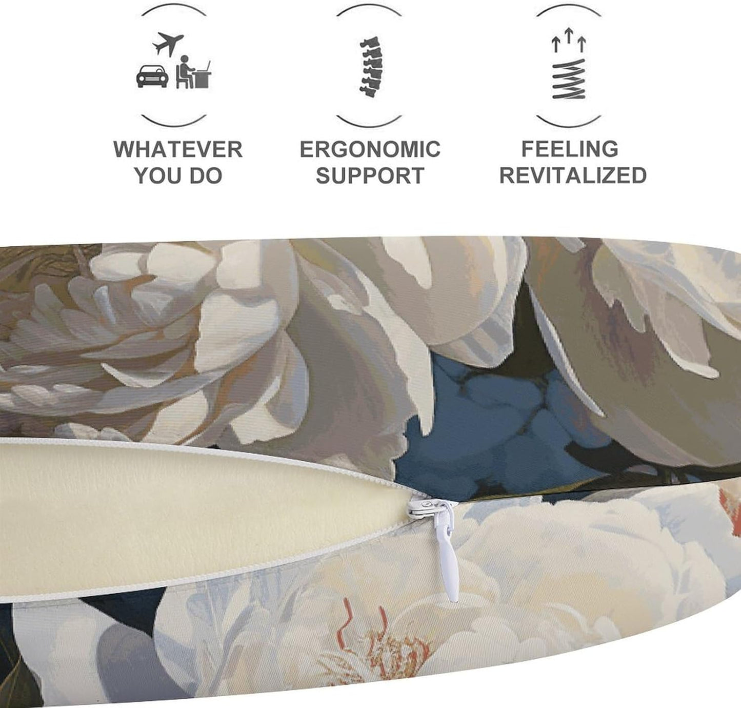 White Peony Neck Pillow Memory Foam U Shaped Pillows Portable Pillows for Shoulder Travel Head Support Pillow with Concealed Zipper for Airplane Car Home Office