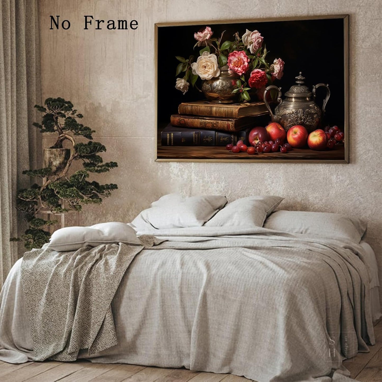 Moody Flower Books Canvas Wall Art Still Life Fruit Painting Victorian Floral Canvas Art Academia Poster Books Still Life Pictures Prints Vintage Dark Floral Picture 24x16 Inch Frameless