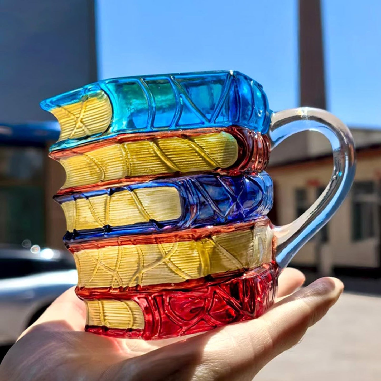 Handpainted Glass Book Stack Mug, 7oz, Literary Design Coffee Tea Cup for Readers and Writers (Small)