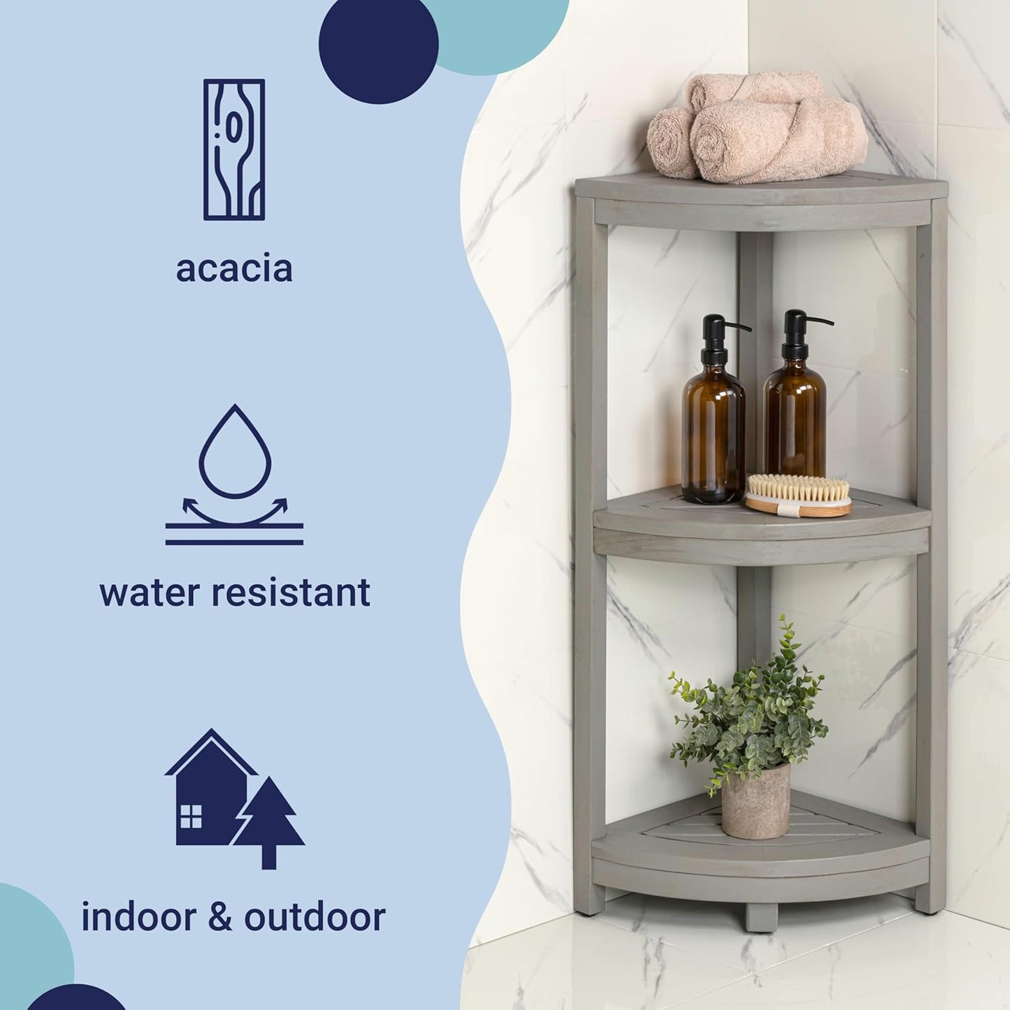 happimess SHF1000G Sela 33" Classic Minimalist 3-Tier Acacia Wood Freestanding Bathroom Corner Shelf, Shower Organizer, Storage Rack for Bath, Office, Kitchen Desktop, Gray