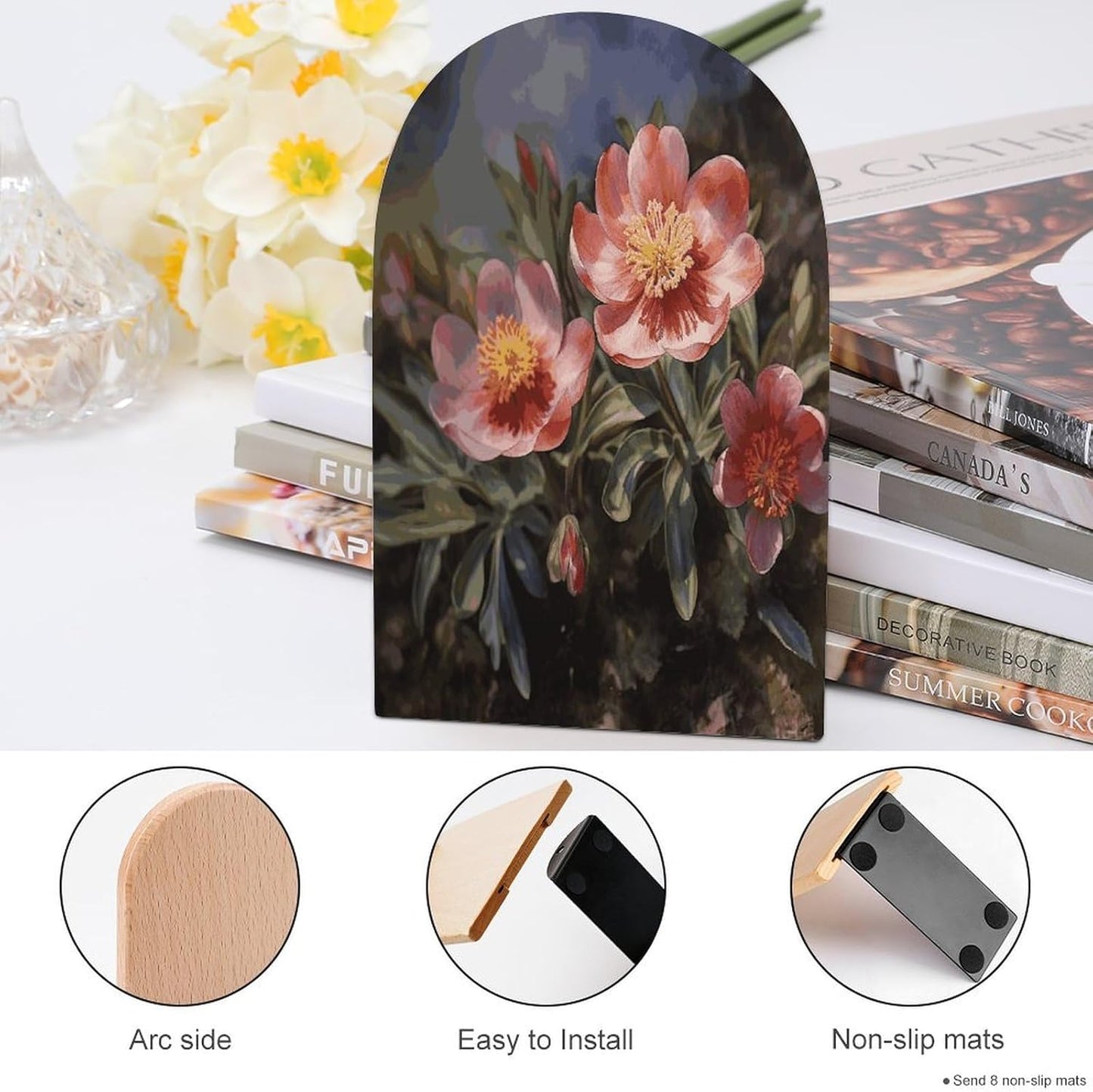 Spring Flower Bookend for Shelves Wooden Book End Large Size Sturdy Book Holders Stoppers with Metal Base for Bookshelves Slick Decorative Bookends Stands