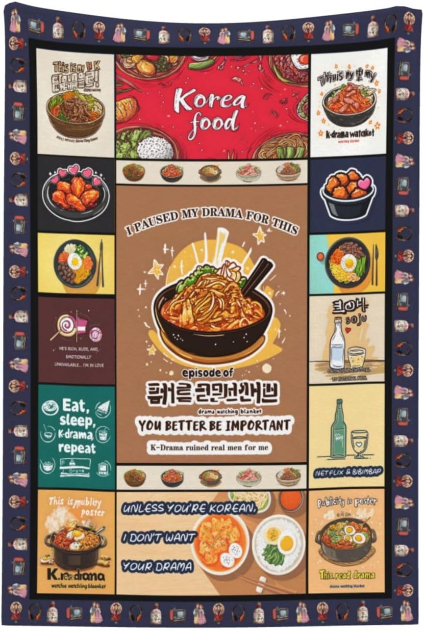 Kdrama Watching Blanket 60x50 Flannel, Korean Food Collage Ramyeon Ramen Bibimbap Tteokbokki, Soft Cozy Tv Throw for Couch Sofa, Kawaii Cartoon Gift for K-Culture Fans