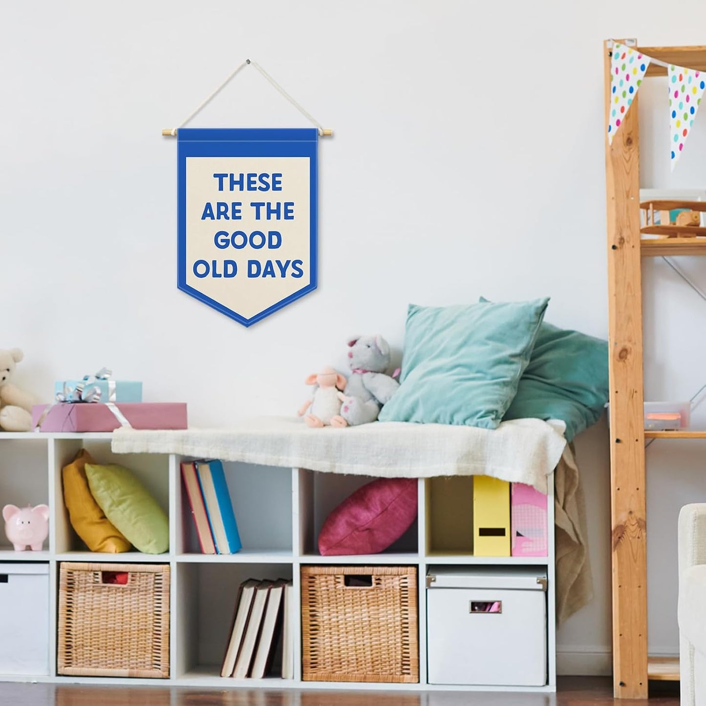 These Are the Good Old Days Boys Kids Room Decor, Playroom Banner Canvas, Nursery Trendy Blue Wall Hanging Frame Decor Art Pennant Flag for Toddler Living Room Preschool Dorm 11x15in