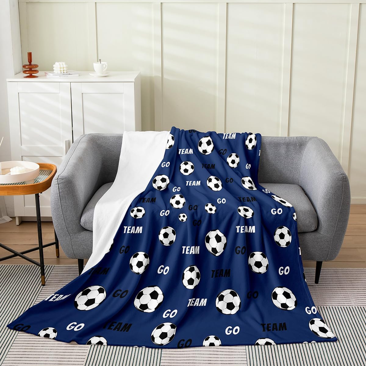 Feelyou Soccer Flannel Fleece Throw Blanket Throw 50"x60" Football Fuzzy Blanket Boys Girls Soccer Ball Pattern Navy Blue Plush Blanket Sports Theme All Season Bed Blanket