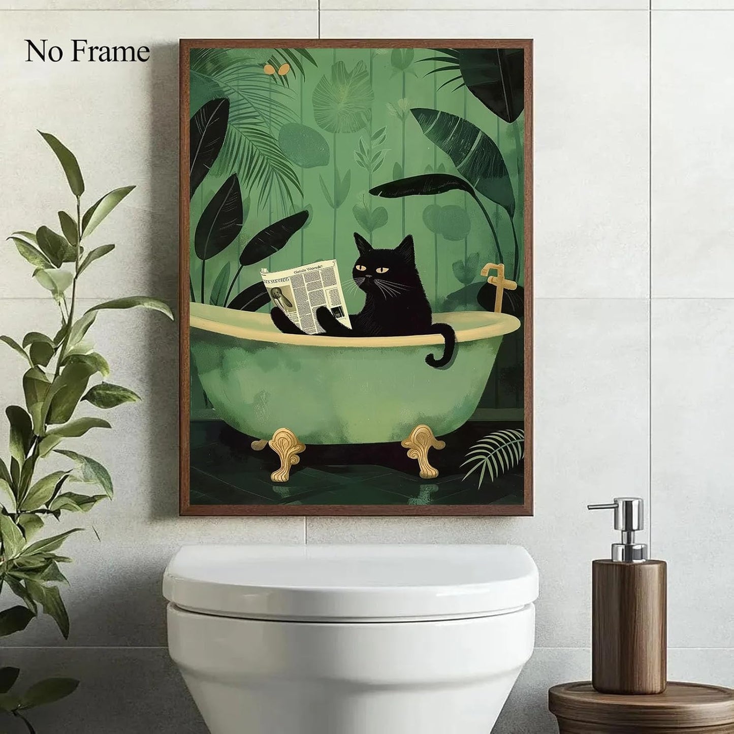 Funny Black Cat Wall Art Bathroom Cute Black Cat Reading Newspaper Picture Animal Bathtub Art Green Small Trendy Paintings Aesthetic Washroom Bathroom Wall Art Trendy Animal Poster 16x24inch No Frame