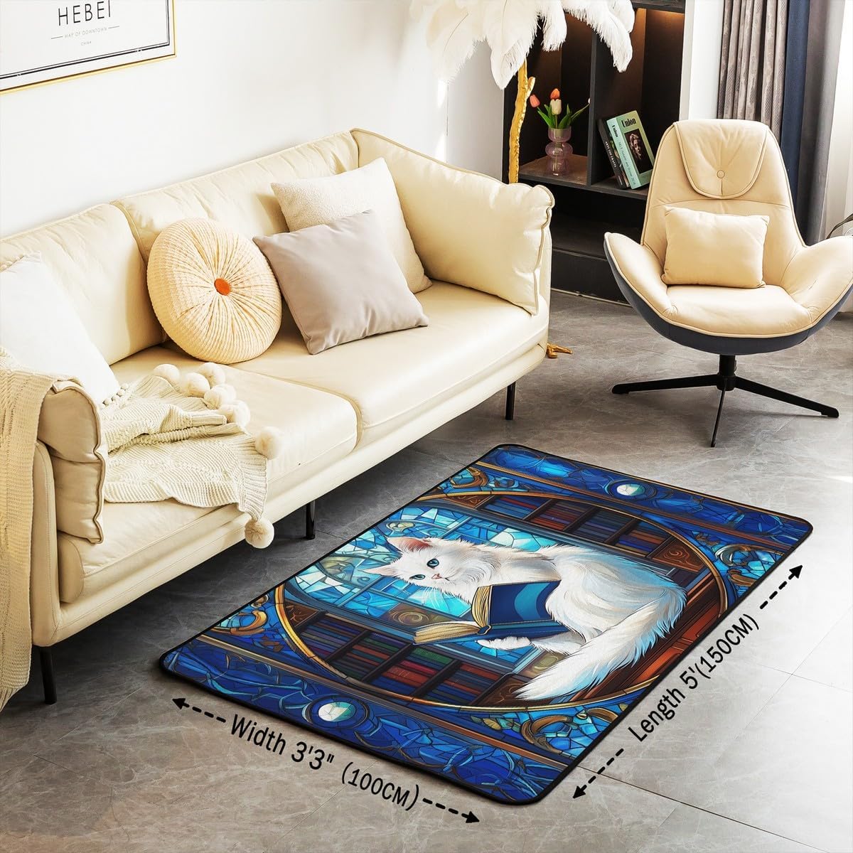 Noble Ragdoll Cat Kids Area Rug,Cat Reading Book Bookshelf Indoor Floor Mat Entrance Rug for Boys Girls,Geometric Patchwork Abstract Non Slip Rug,Blue Cute Couch Living Room Decor,3'x5'