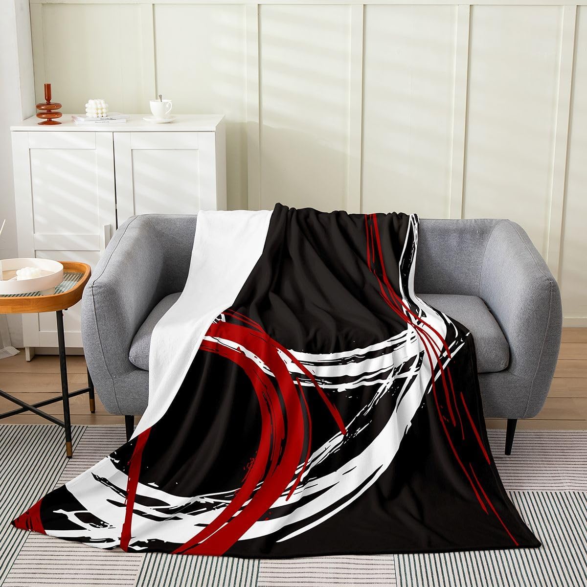 Feelyou Red and Gray Black White Fuzzy Blanket Kids Modern Abstract Geometric Bed Throw Blanket Women Men Trippy Swirl Decor Fleece Throw Blanket Microfiber Stripe Line Bedroom 40"x50"