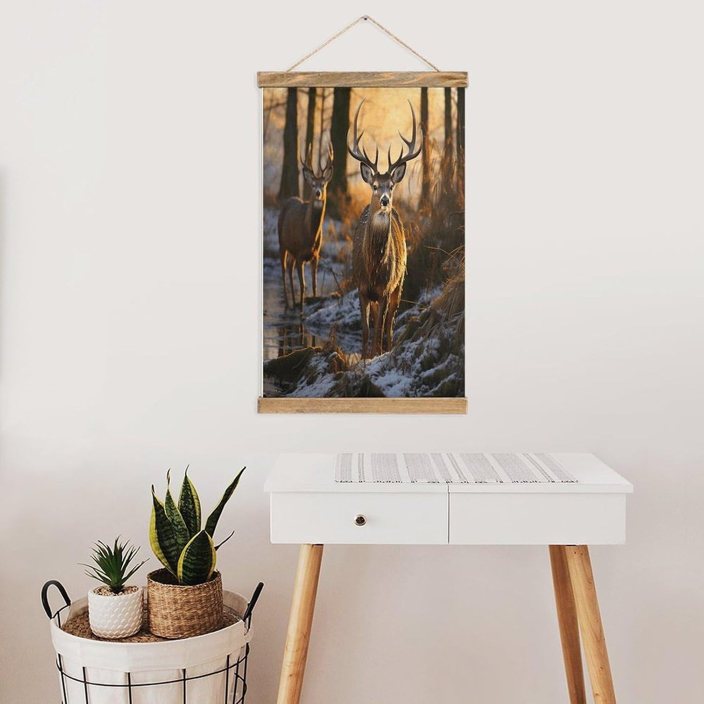 Vintage Deers Picture Poster with Wooden Frame Personalized Linen Hanging Scroll Painting Rustic Wall Hanging Illustrative Modern Artwork Decor for Home Living Room Bedroom Office