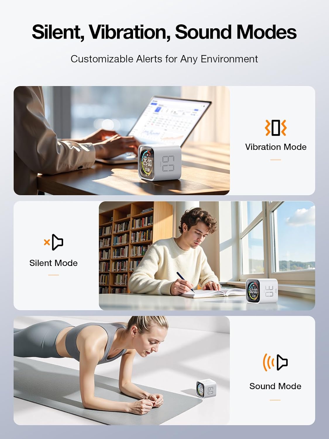 TK3 Pomodoro Timer Cube, Productivity Timer, 5/10/30/60 Min Presets, Custom Countdown, Stopwatch & Clock, Triple Alarms, Silent/Vibration/Sound Alerts, Rechargeable for ADHD Study Task, White