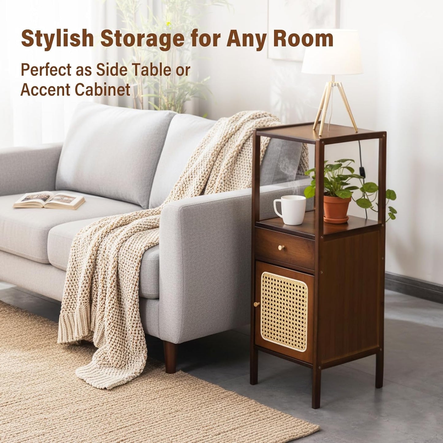 3-Tier Narrow Wood Bookcase with Rattan Door & Drawer — Mid-Century Modern, Walnut