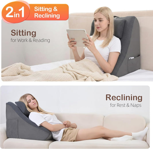 Back Pillow for Bed — 21" Extra-Wide 2-in-1 Dual-Layer Wedge with Adjustable Headrest, Soft Cover