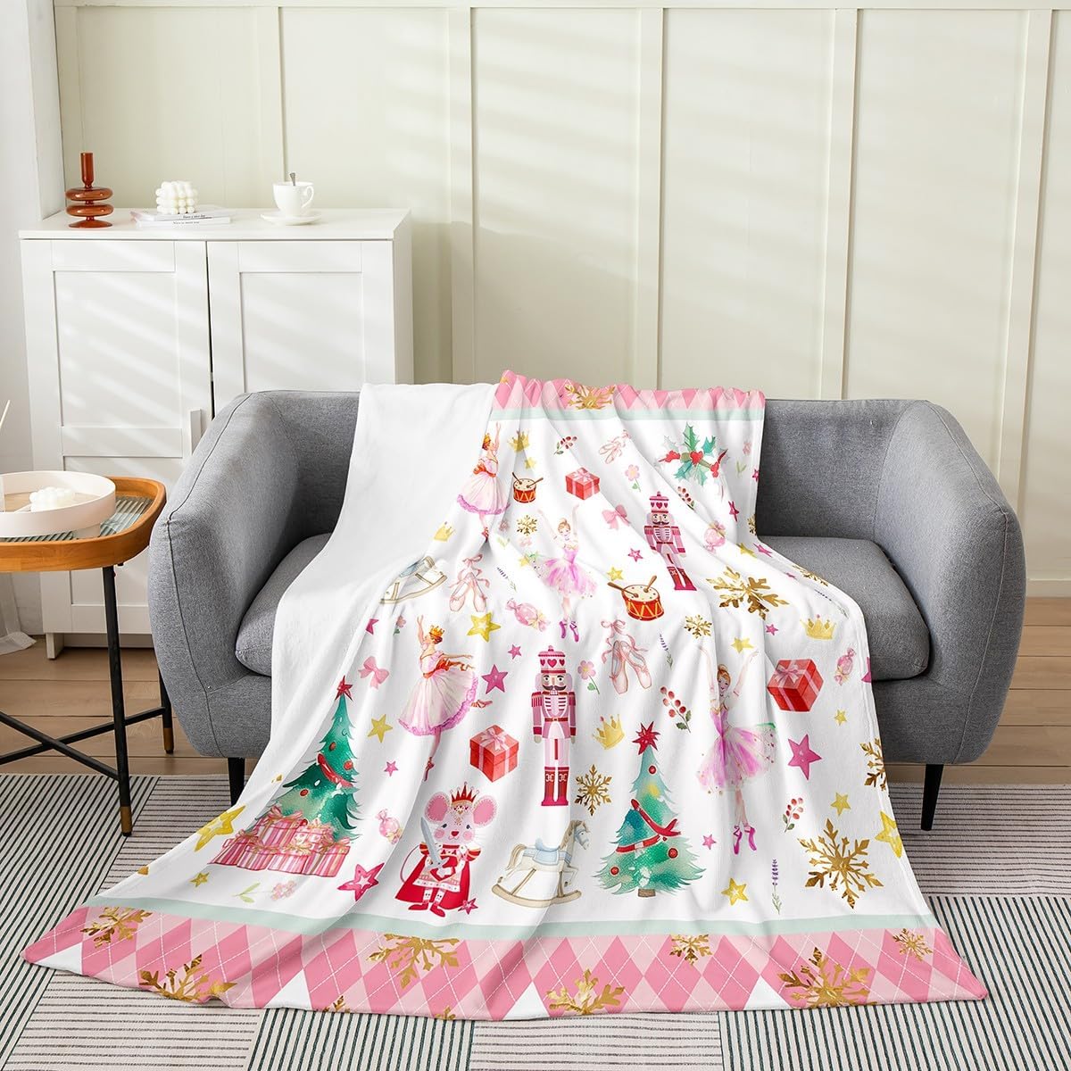 Feelyou Pink Christmas Plush Throw Blanket Ballet Nutcracker Flannel Blanket Throw 50"x60" Snowflake All Season for Couch Bed Sofa Bedroom Decor