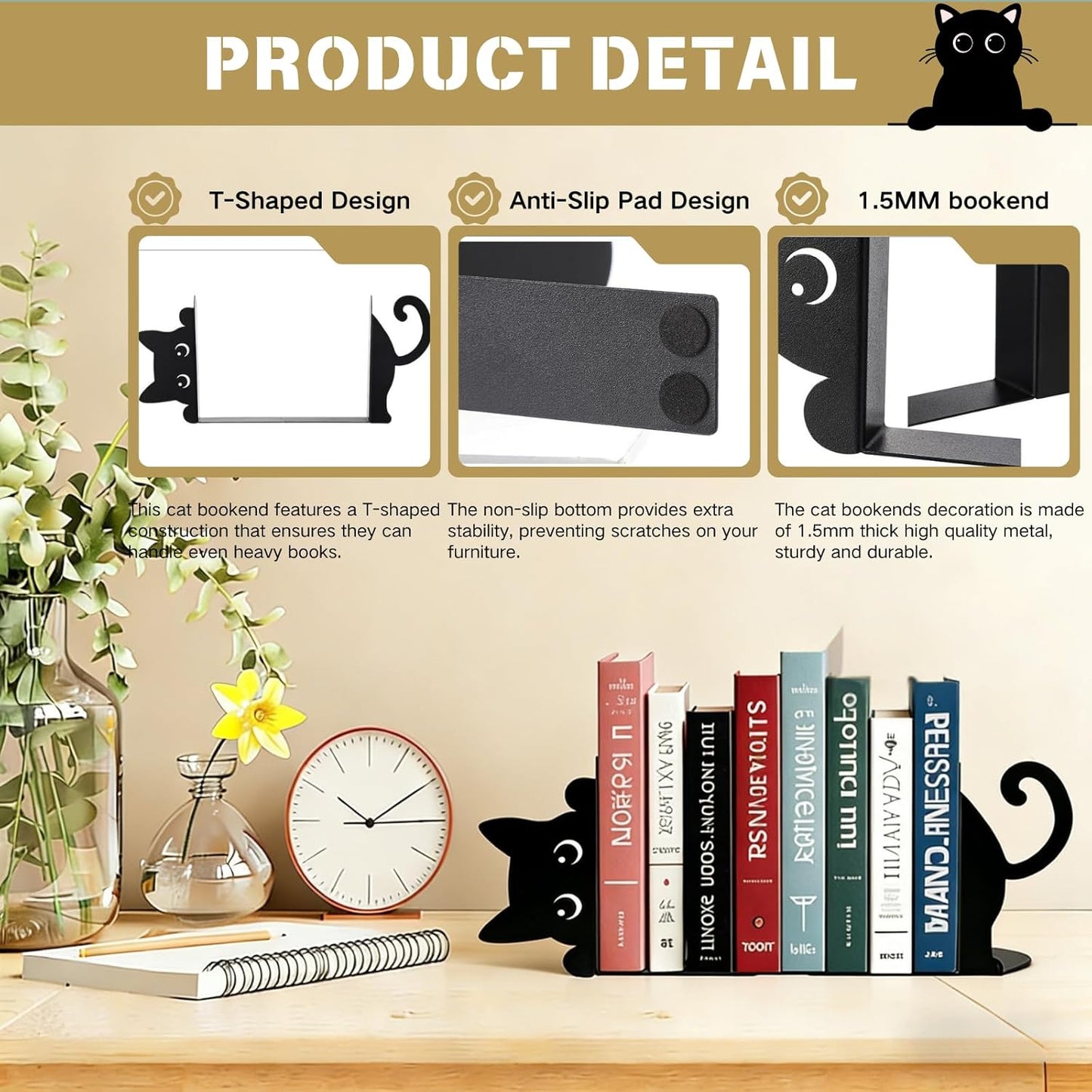 Cat Metal Bookends, Cute Cat Book Ends for Shelves, Home Office Desk Bookshelf Decor, 1.5mm Thick Metal with Non-Slip Pads, Gift for Cat Lovers Book Lovers, 1 Pair