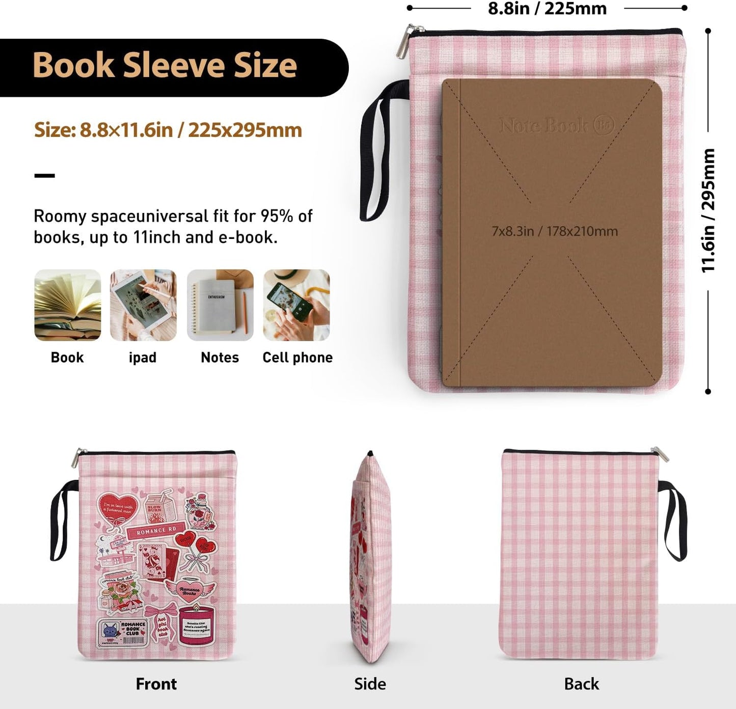 Red Checkered Collage Style Book Covers for Book Lovers with Handle, Romantic Bookcover Protector for Paperbacks, Book Club Gifts for Chritsmas, Reading Accessories for Women Friends Reader Bookish