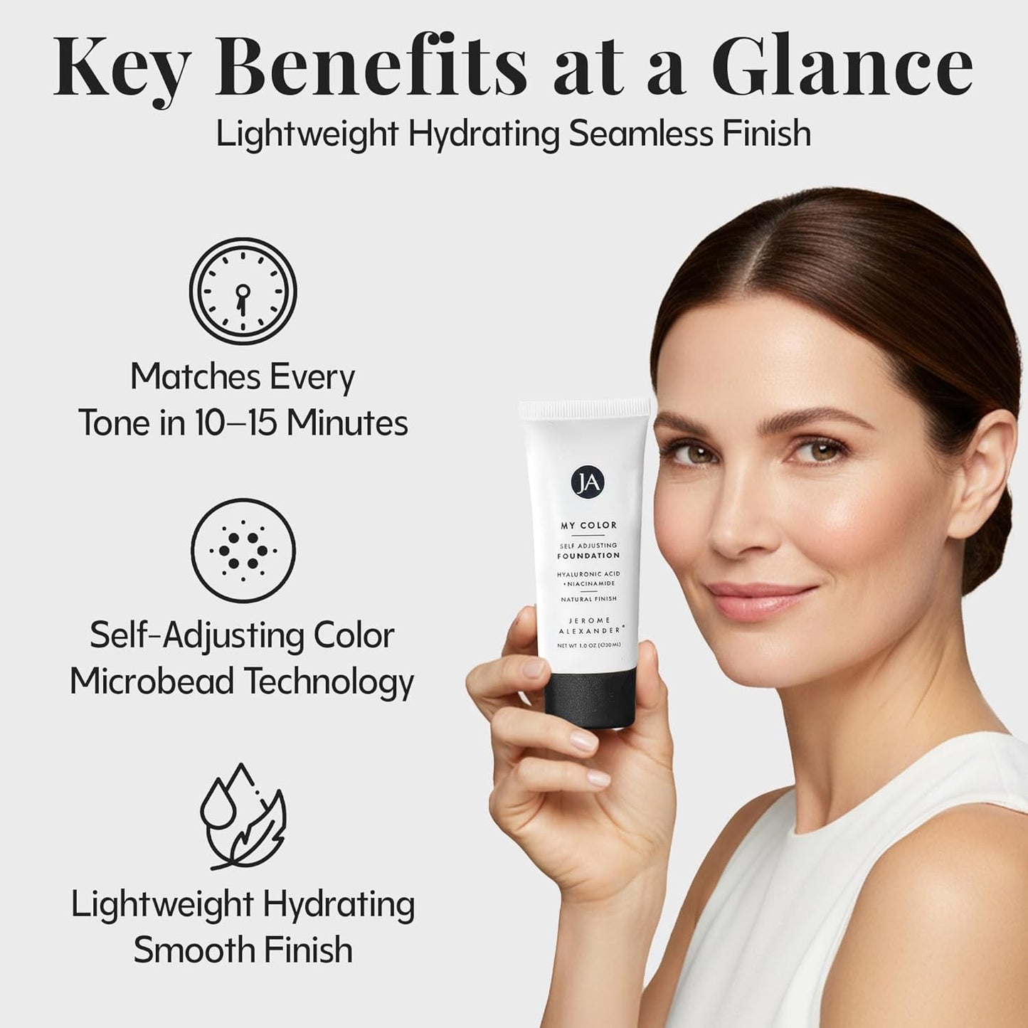 Jerome Alexander My Color Self-Adjusting Foundation, Hydrating & Lightweight Face Makeup, Skincare-Infused, with Kabuki Brush, Medium, 1 oz