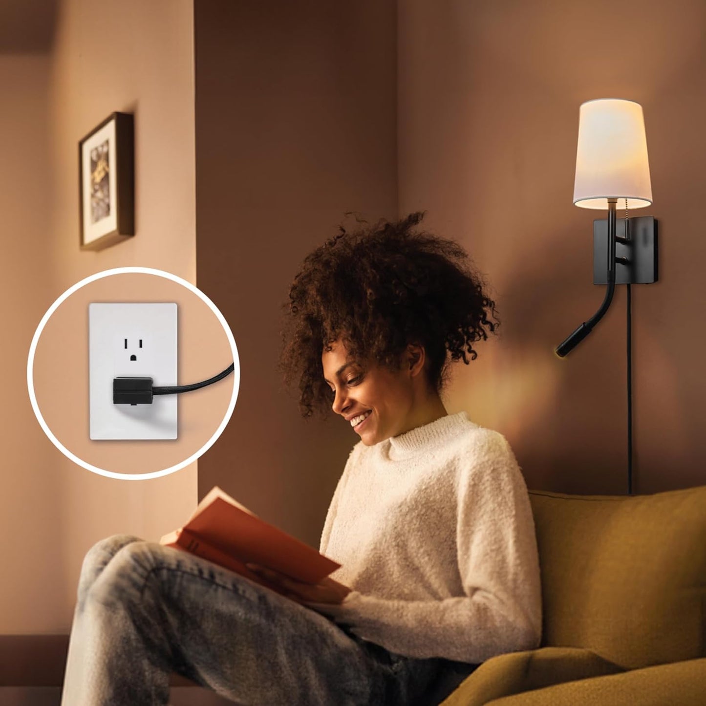Globe Electric 1-Light Plug-in or Hardwired Wall Sconce with LED Integrated Reading Light, USB-A Port, USB-C Port, Matte Black, White Fabric Shade, On-Off Pull Chain and Rocker Switch