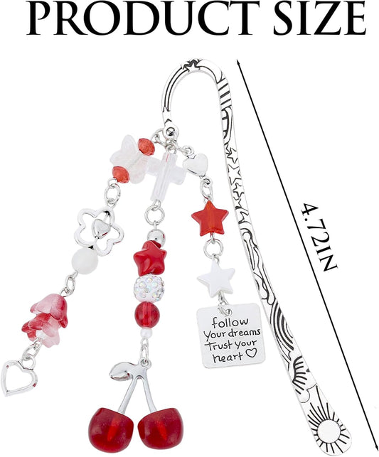 Cute Cherry Metal Bookmark - Charm Red Aesthetic Book Marks Gifts Unique Chain Page Maker Merch for Reading Lovers Women Girls Readers Bookish Students Teachers Birthday School Accessories