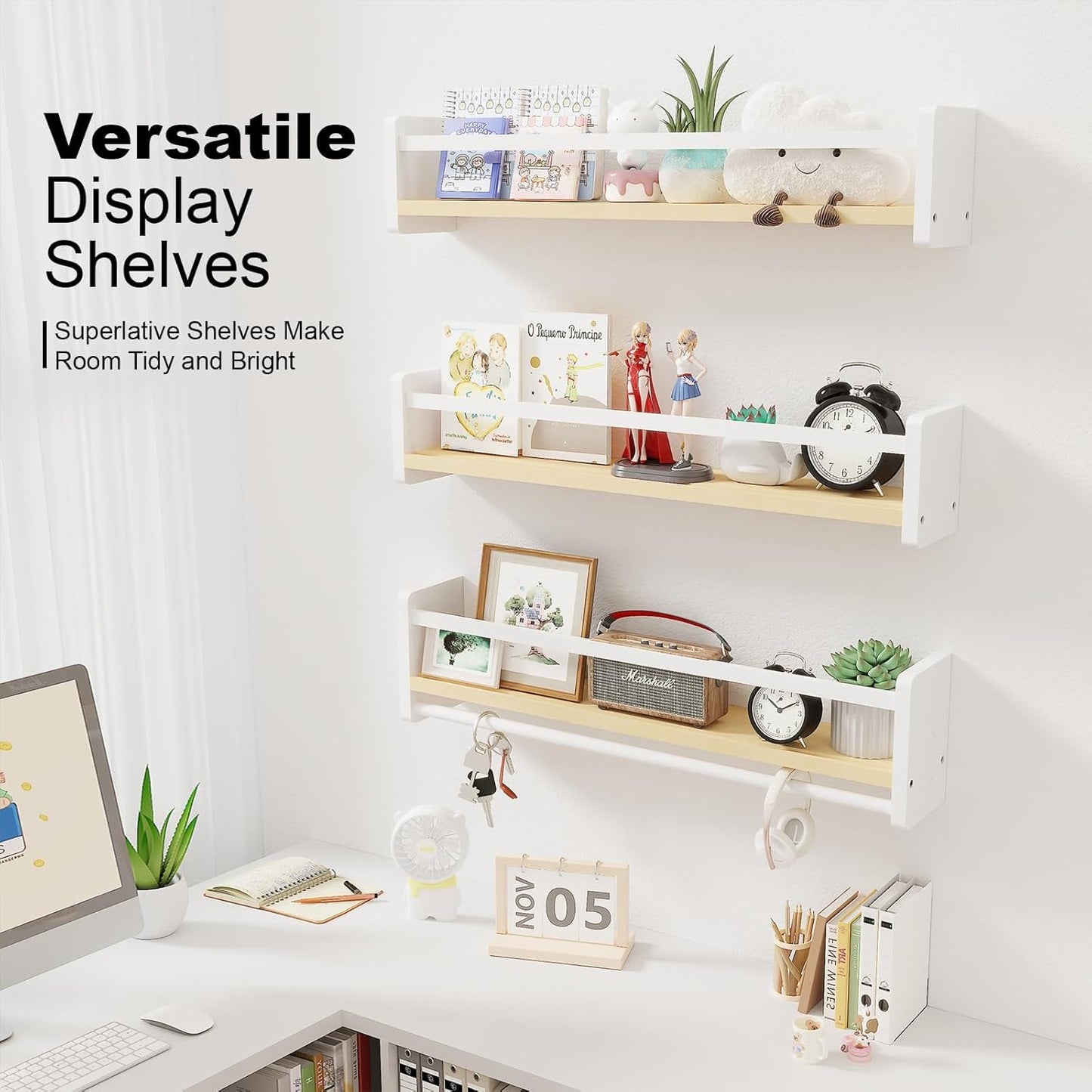 Nursery Floating Bookshelf for Kids, Wall Mounted Kids Book Shelf with Toy Storage, Pine Wood Nursery Shelves for Playroom, Bedroom, Toddler Room, Set of 3 (Pine & White, 23.6 Inches)