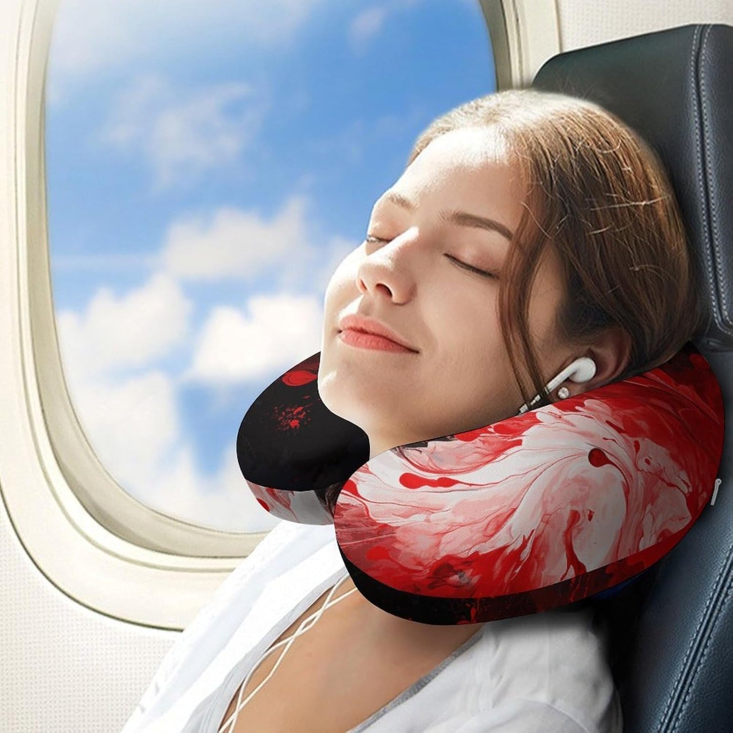 Red Black White Abstract Neck Pillow Memory Foam U Shaped Pillows Portable Pillows for Shoulder Travel Head Support Pillow with Concealed Zipper for Airplane Car Home Office