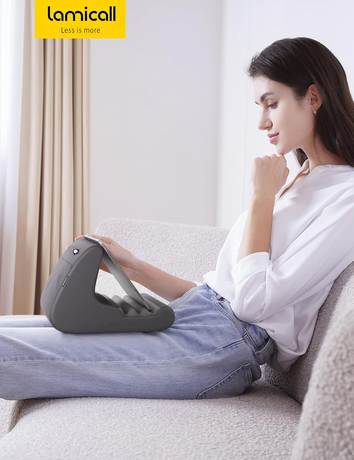 Lamicall Tablet Stand Pillow Holder - Tablet Pillow Soft Pad for Bed, Lap Phone Stand with Stylus Mount & Pocket, for iPad Pro 12.9, Air, Mini, Kindle, Galaxy Tab and 4-13" Devices, Dark Grey