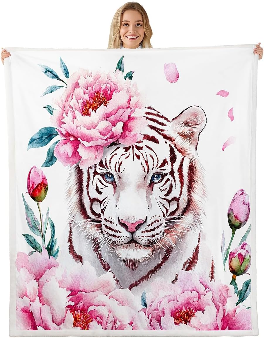 Floral Tiger Throw Blanket White Tiger Fleece Blanket, 40"X50" Brown Stripes Tiger Fuzzy Blanket for Girls Lady Women, African Safari Animal Print Plush Bed Blanket Pink Bedroom Decor