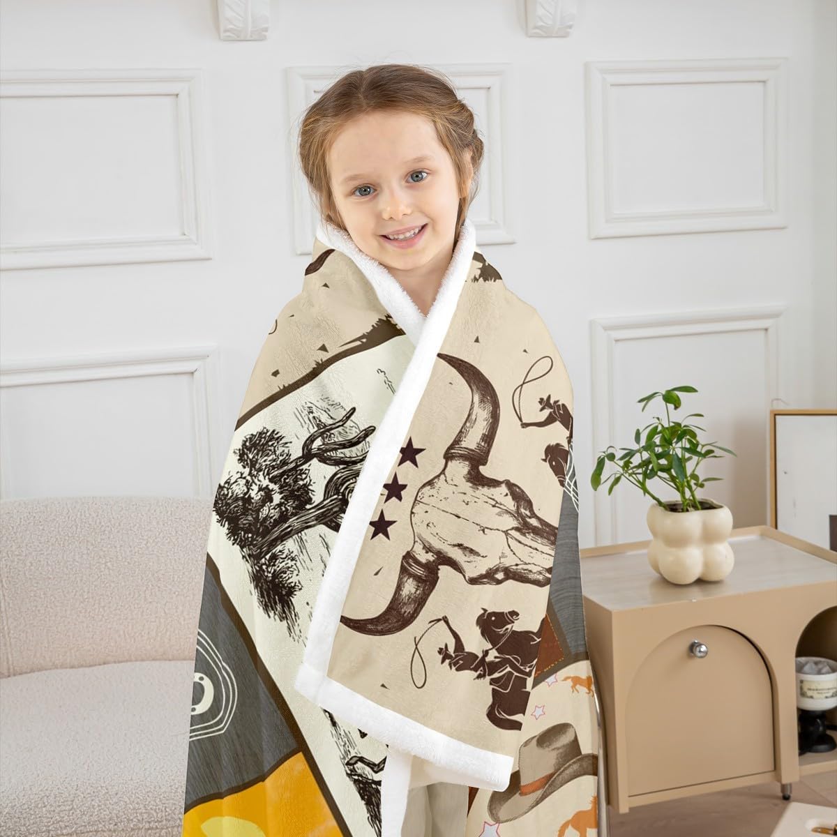 Western Cowboy Kids Throw Blanket,Cowboy Boots Horseshoe Farmhouse Bed Blanket for Boys Girls Adults,Cow Skull Cactus Rustic Fleece Blanket,Brown Retro Fuzzy Blanket,Throw Size (50 x 60 Inches)