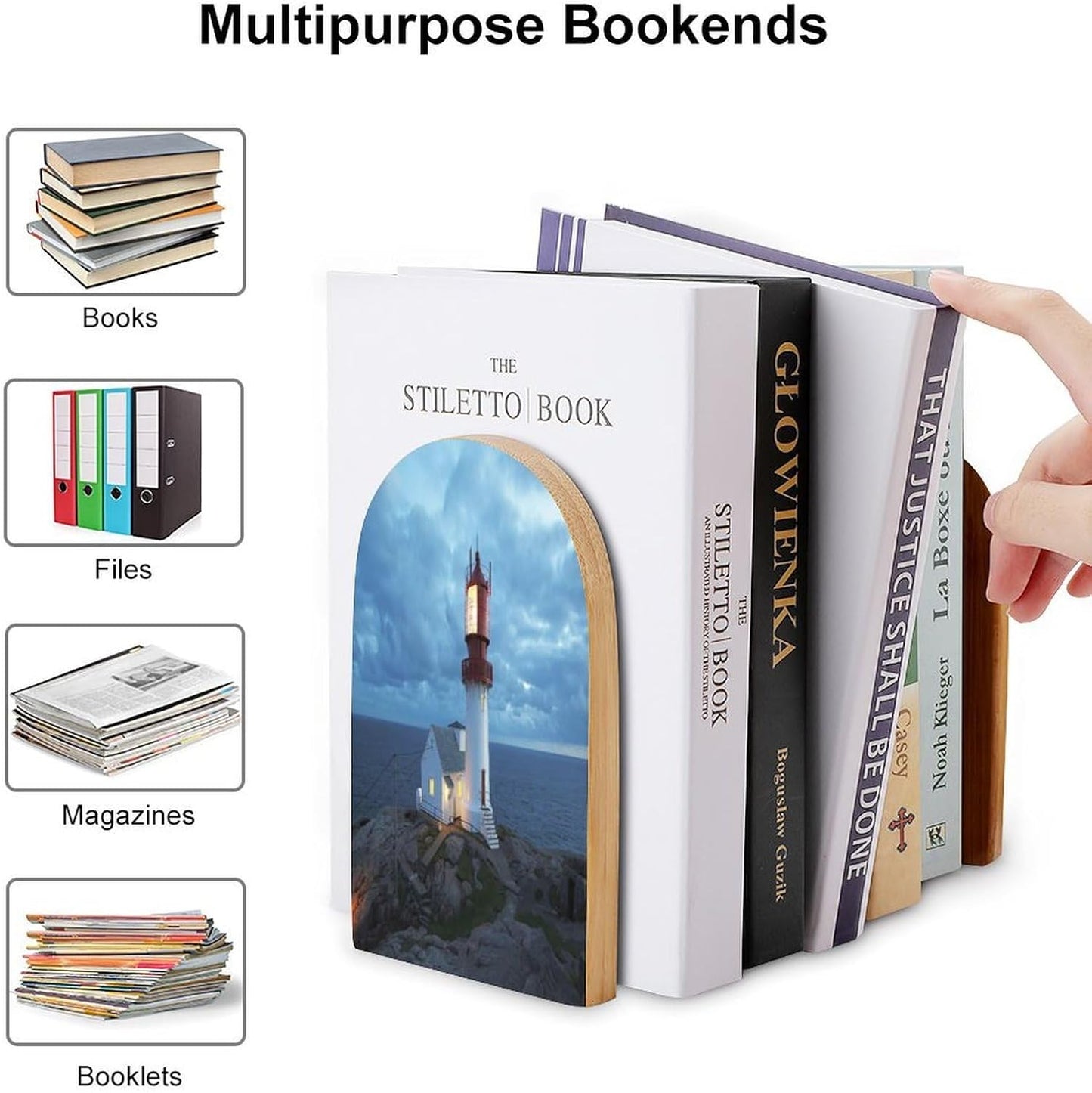 Lighthouse at Night Wooden Bookend Non-Slip Book Ends Heavy Duty Book Stopper with Metal Base Books Holderd Decorative Bookends Stands Firmly for Office Supplies