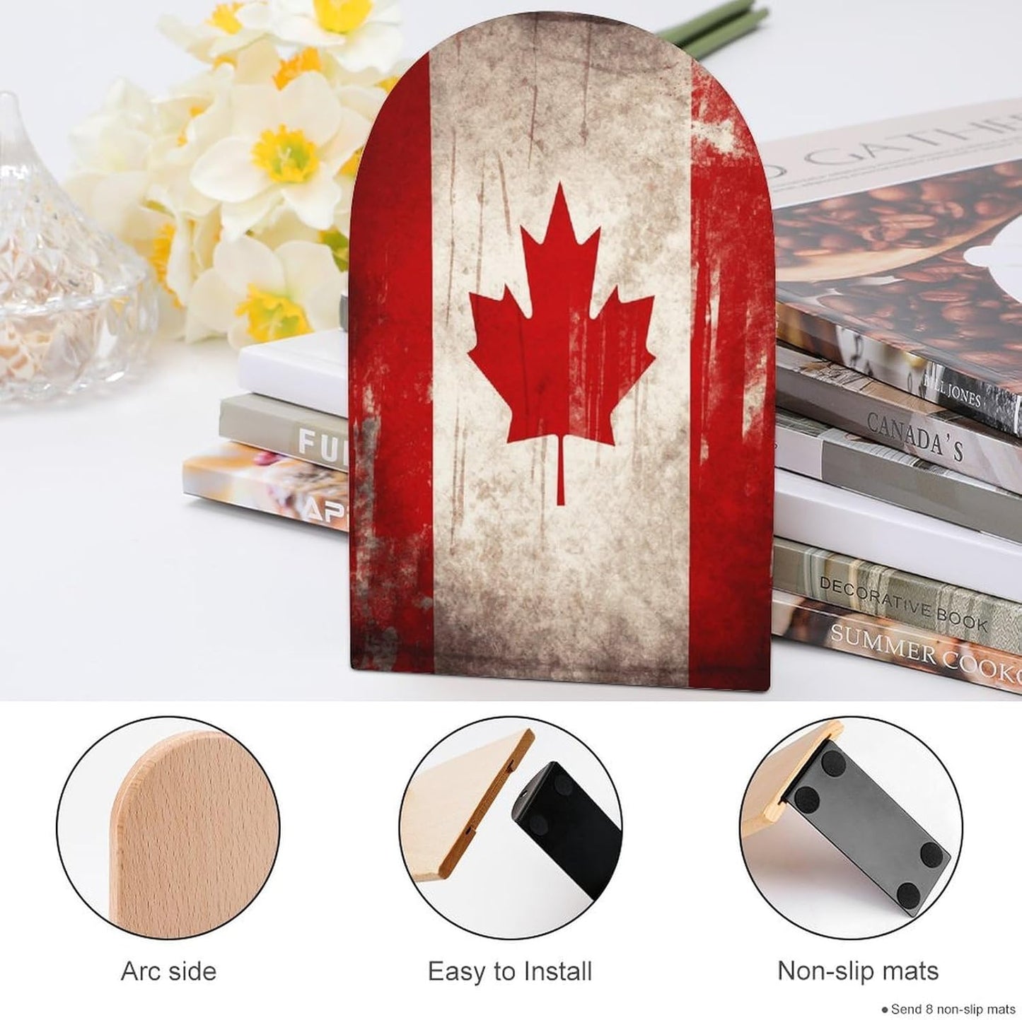 Retro Canada Flag Bookend for Shelves Wooden Book End Large Size Sturdy Book Holders Stoppers with Metal Base for Bookshelves Slick Decorative Bookends Stands