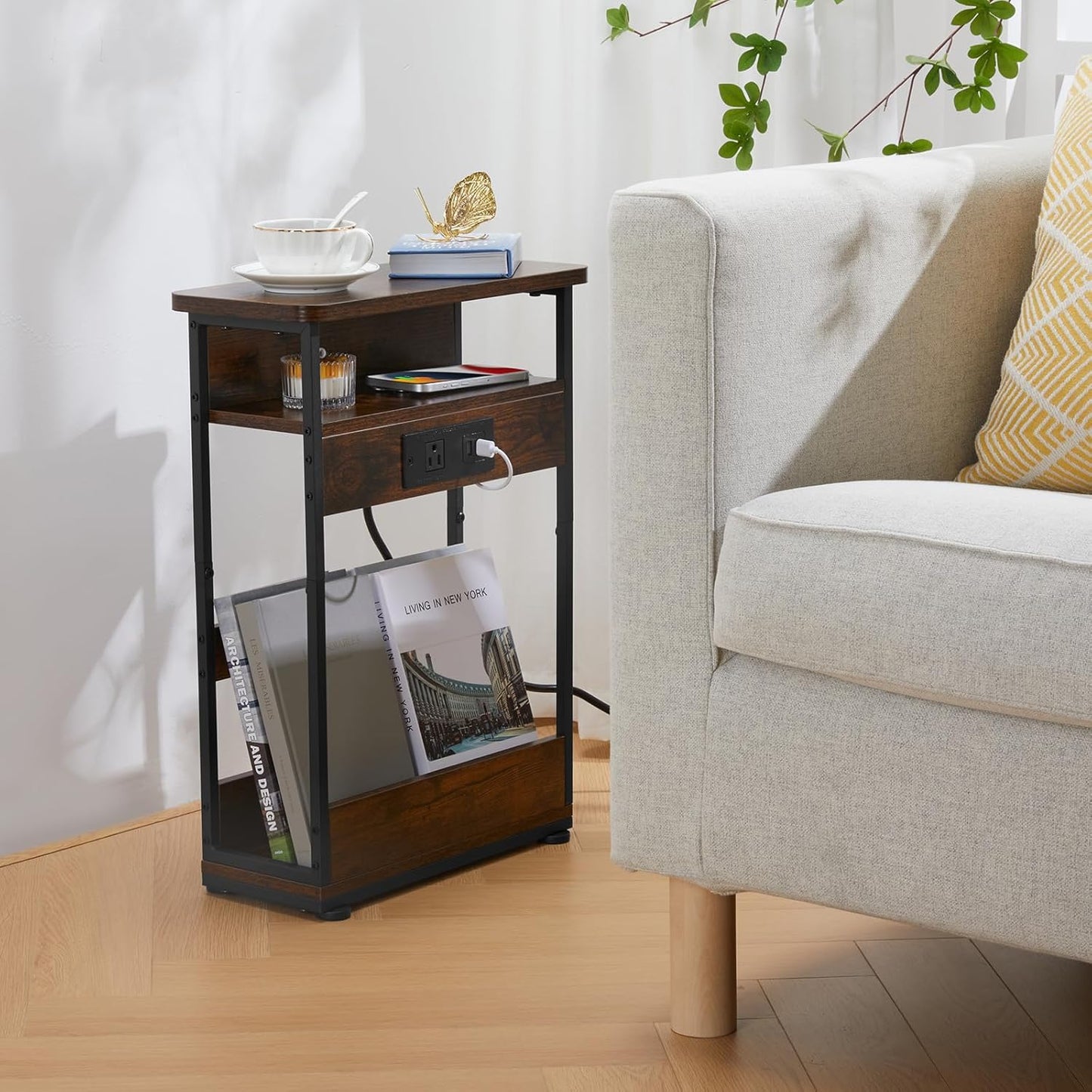 Narrow Side Table With Charging Station, 3-Tier End Table with 2 USB Ports & Power Outlets,Thin Sofa Side Table for Narrow and Small Spaces, Bedside Table Nightstand for Living Room,Rustic Brown