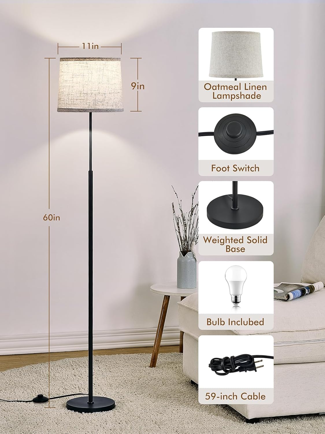 60" Modern Floor Lamp for Living Room Bedroom, Standing Lamp with Oatmeal Linen Lampshade, Tall Lamp with A19 9W 3 Color Temperature Bulb, Foot Switch Control, Black