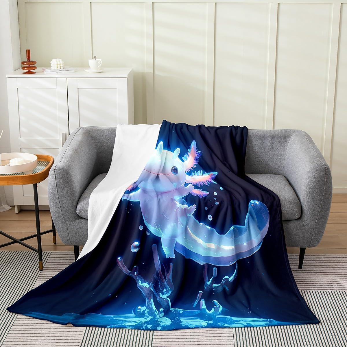 Feelyou Cute Axolotl Fuzzy Flannel Fleece Throw Blanket - Kawaii Ocean Sealife All Season Bed Blanket Gift for Women - Plush Throw 50"x60", Black Blue