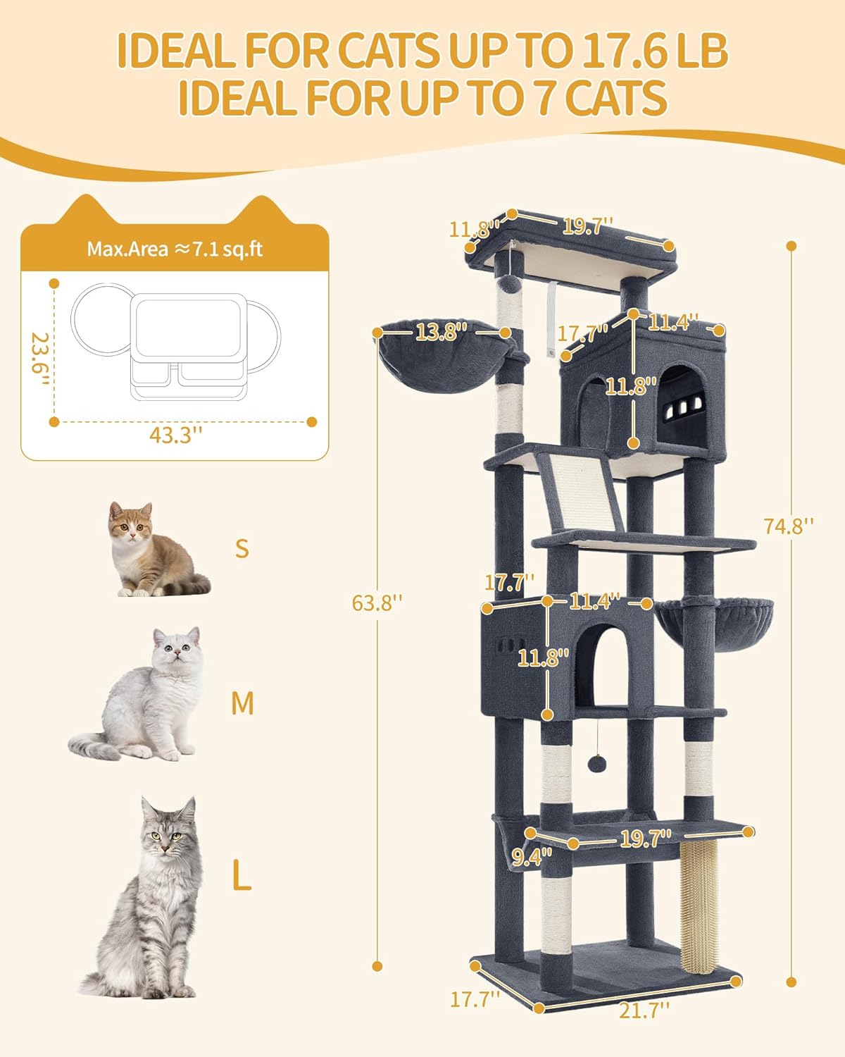 Large Sturdy Cat Tree Tower, 75 Inch Tall Pet Condo for 7 Large Cats, Cat Tree Indoor Climbing Activity Tower, 2 Large Platform/2 Cave/2 Hanging Basket/5 Scratching Post, Dark Grey MS19018SG