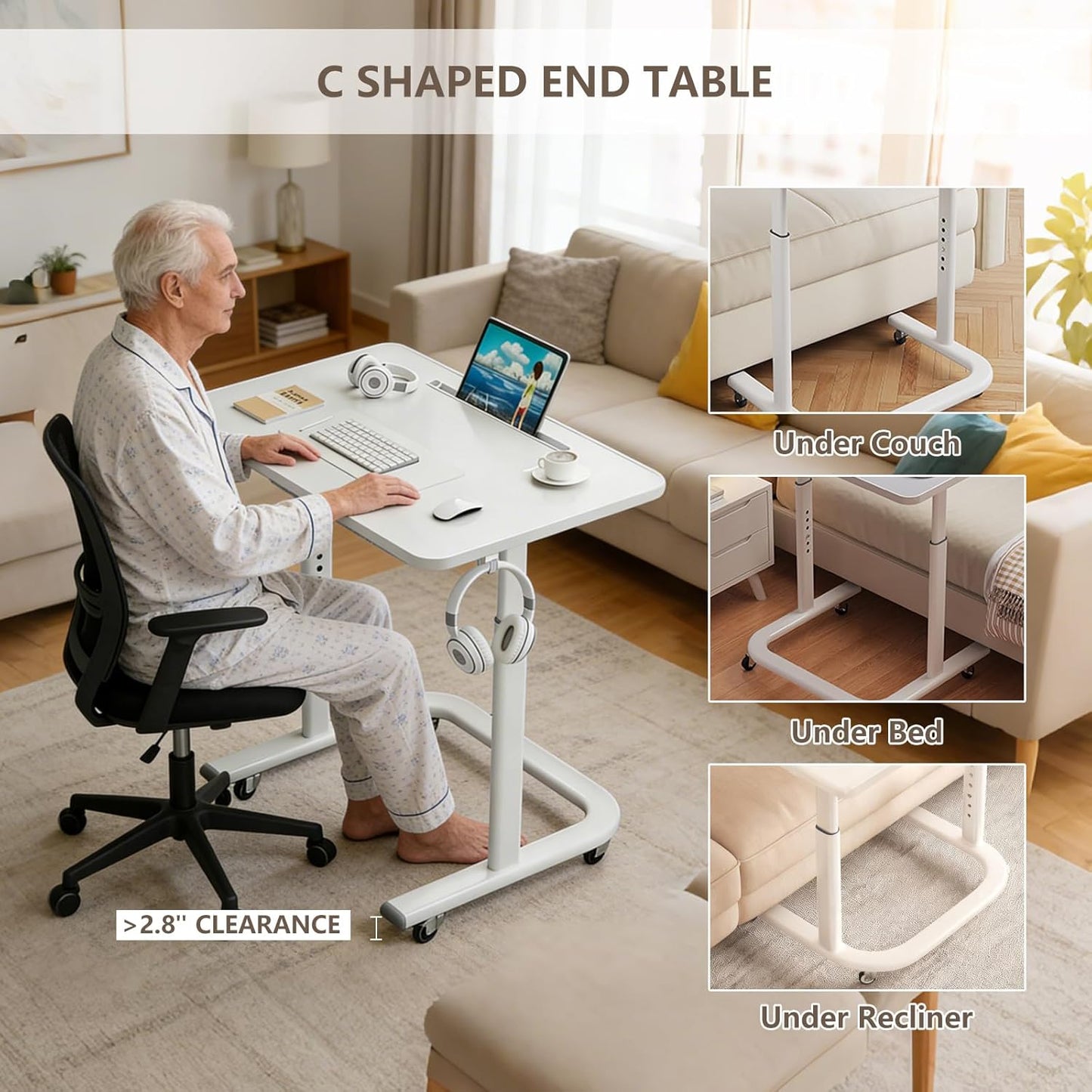 TV Dinner Tray Table,TV Trays for Eating on Couch,Height Adjustable TV Tray Table with Wheels,C Shaped End Table with Slot,Standing Rolling Laptop Desk&Wooden Snack Tray for Bed&Sofa&Recliner